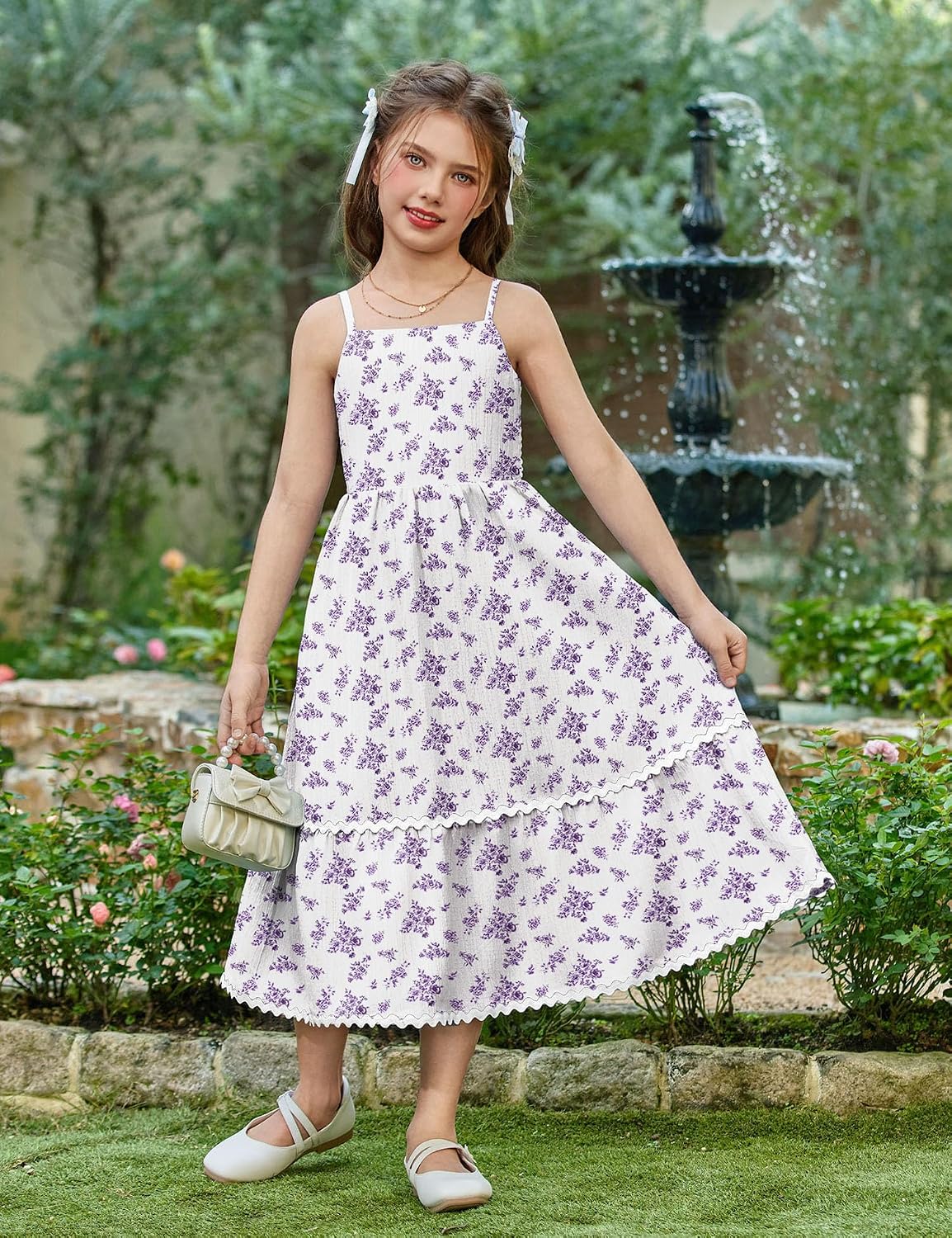 Arshiner Girls Spaghetti Strap Dress Tiered Cami Maxi Sundress with Pockets image 2