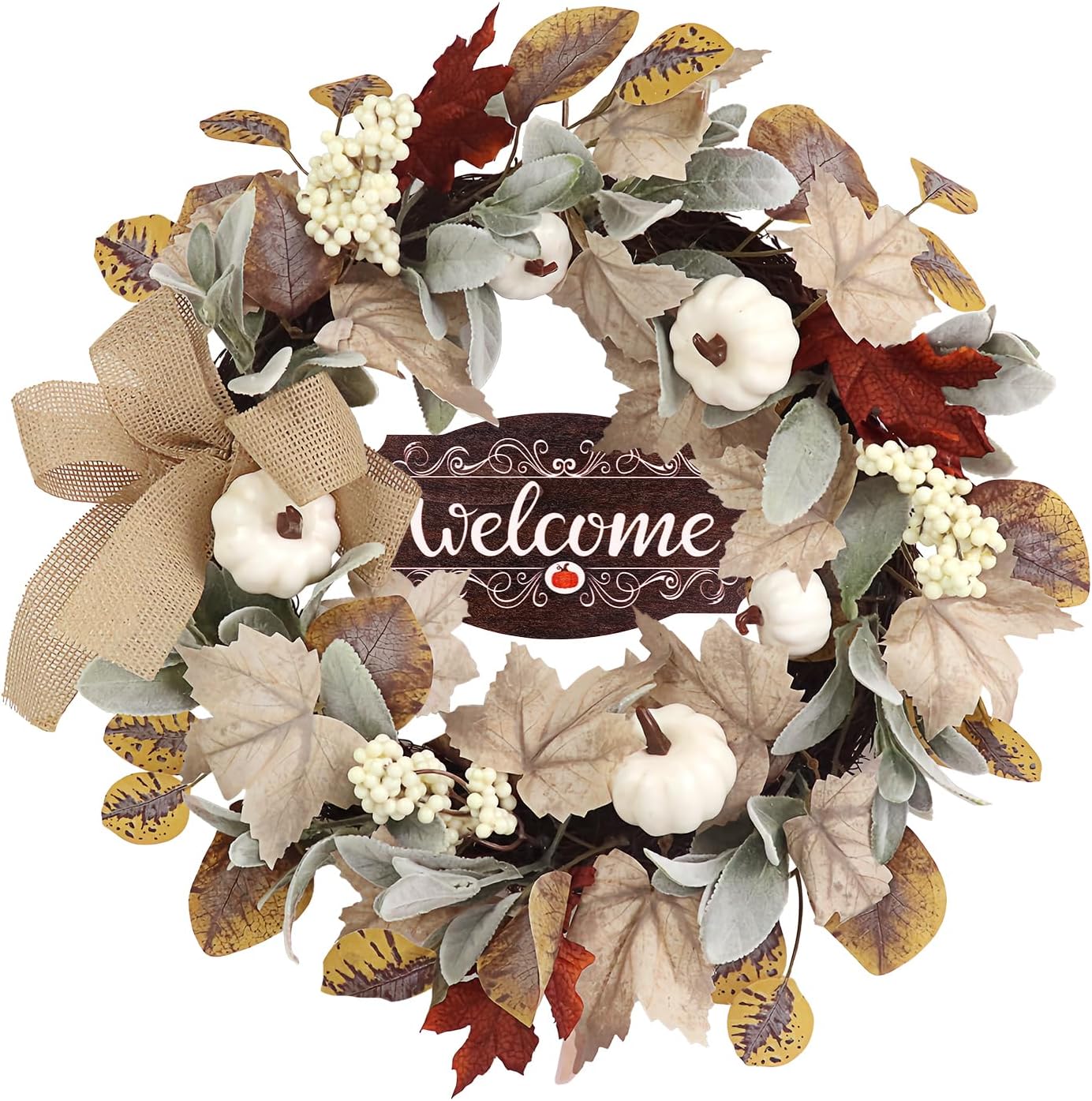 fall wreaths for front door outside decor, 20" eucalyptus maple leaves pumpkins autumn wreath decorations with bow and hanging sign for thanksgiving home outdoor indoor porch harvest wreath fall