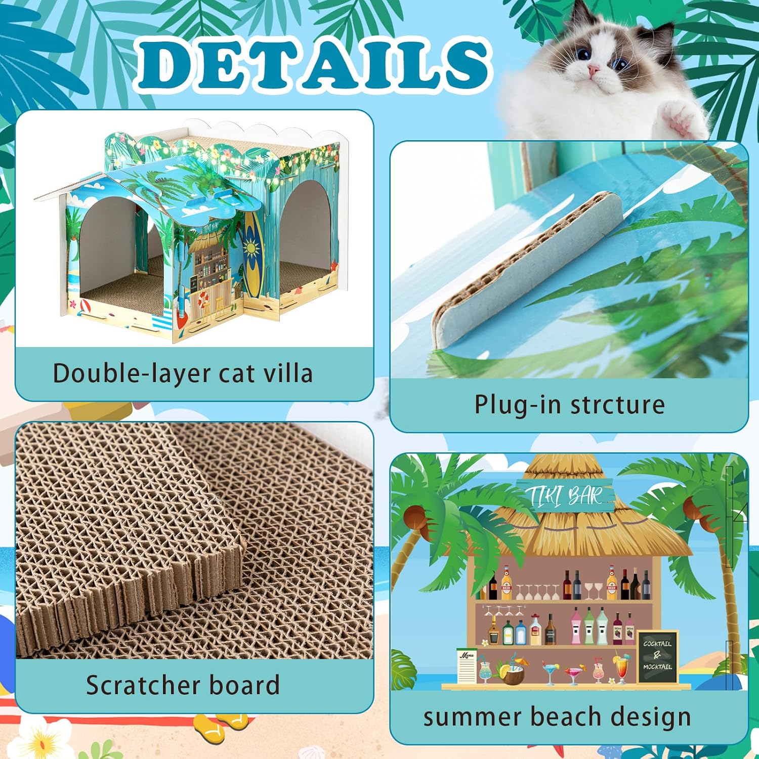 Lineshading 2 Story Cardboard Cat House with Scratcher Pad, Multi Level Durable Cat Scratcher House for Small Kitten Bunny Rabbit Animals Christmas Birthday Gift(17x12x10,Hawaii)