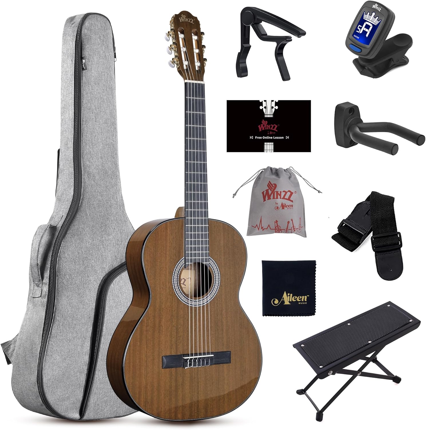 WINZZ 4/4 Classical Guitar, 39 Inch Full Size Nylon String Guitar for Beginner Adults, Full Classic Guitar Kit with Free Lessons, Gig Bag, Footstool, Capo, Tuner, Hanger and Strap (Glossy Tan)
