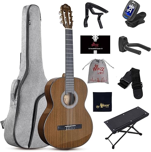 Miniatura 10 de WINZZ Guitarra clásica 4/4, guitarra de cuerda de nailon de tamaño completo de 39 pulgadas para adultos principiantes, kit completo de guitarra