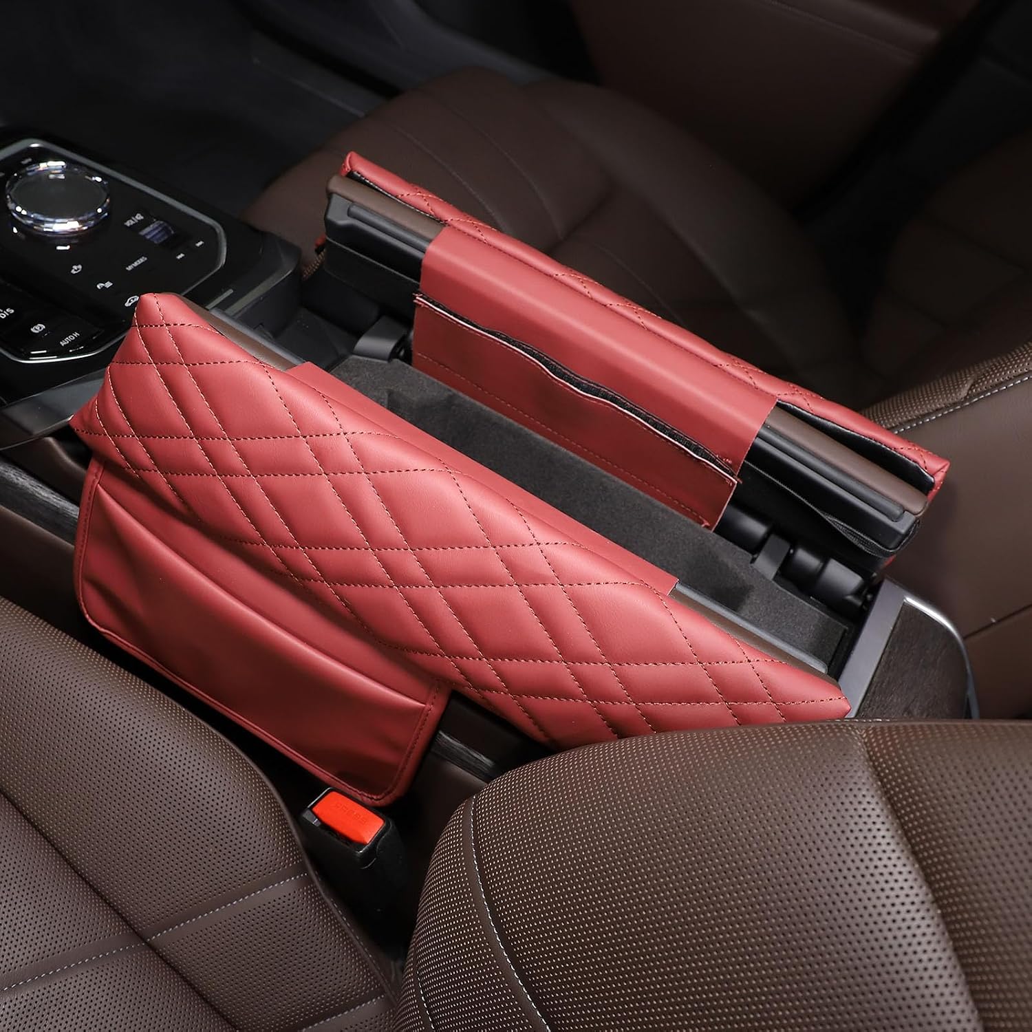 Car Center Console Cover Compatible with BMW 7 Series G70 2023-2025,Center Seat Armrest Cover Pad Leather Cushion Anti-Scratch Protector with Side Mobile Phone Storage Pockets (Red)