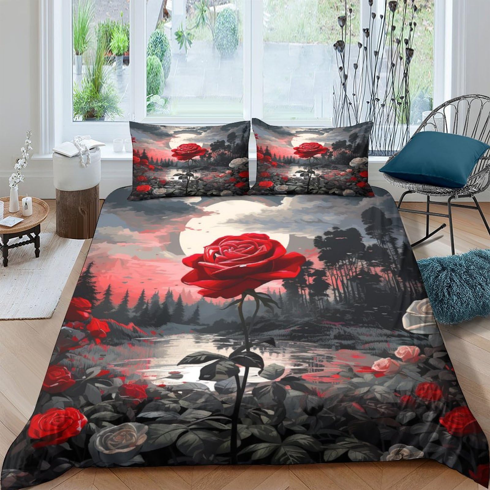 Housse de couette 3D fleurs avec fermeture éclair en microfibre douce King