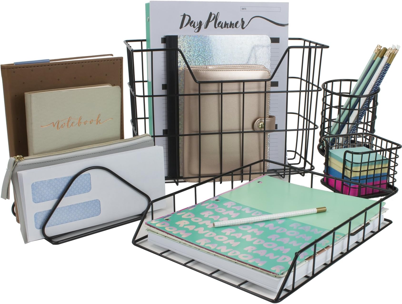 Sorbus Desk Organizer Set, 5-Piece Desk Accessories Set Includes Pencil Cup Holder, Letter Sorter, Letter Tray, Hanging File Organizer, and Sticky Note holder for Home or Office (Black)