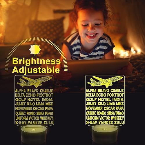 Miniatura 3 de YuanDian Decoración de avión, luz nocturna del alfabeto fonético con código piloto, lámpara de ilusión 3D de avión, lámpara de control táctil que