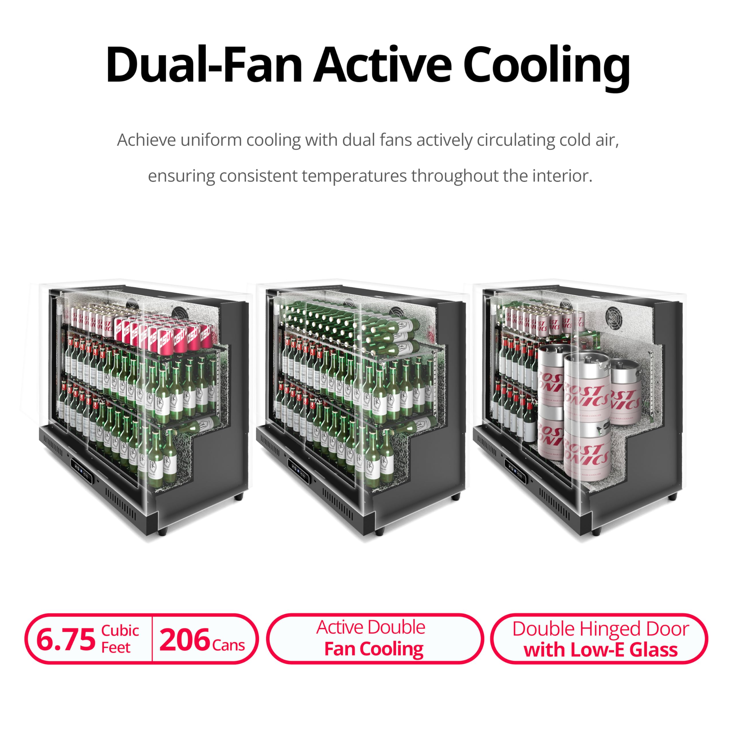 Frostronics 36 Inch 206 Cans Duo Hinged Door Back Bar Beverage Cooler, 6.75 Cu. Ft. Under Counter Glass Door Bar Fridge With Hinged Doors, Lockable, 32-50°F Display Refrigerator, Etl Certified, Black on Fridge.com - View 2