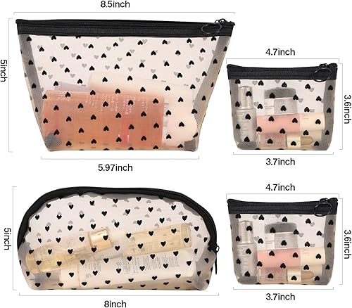 Miniatura 2 de MHDGG Bolsas de maquillaje de malla con estampado de corazón, bolsas de cosméticos de malla para mujeres, mini bolsas de malla con cremallera, bolsa