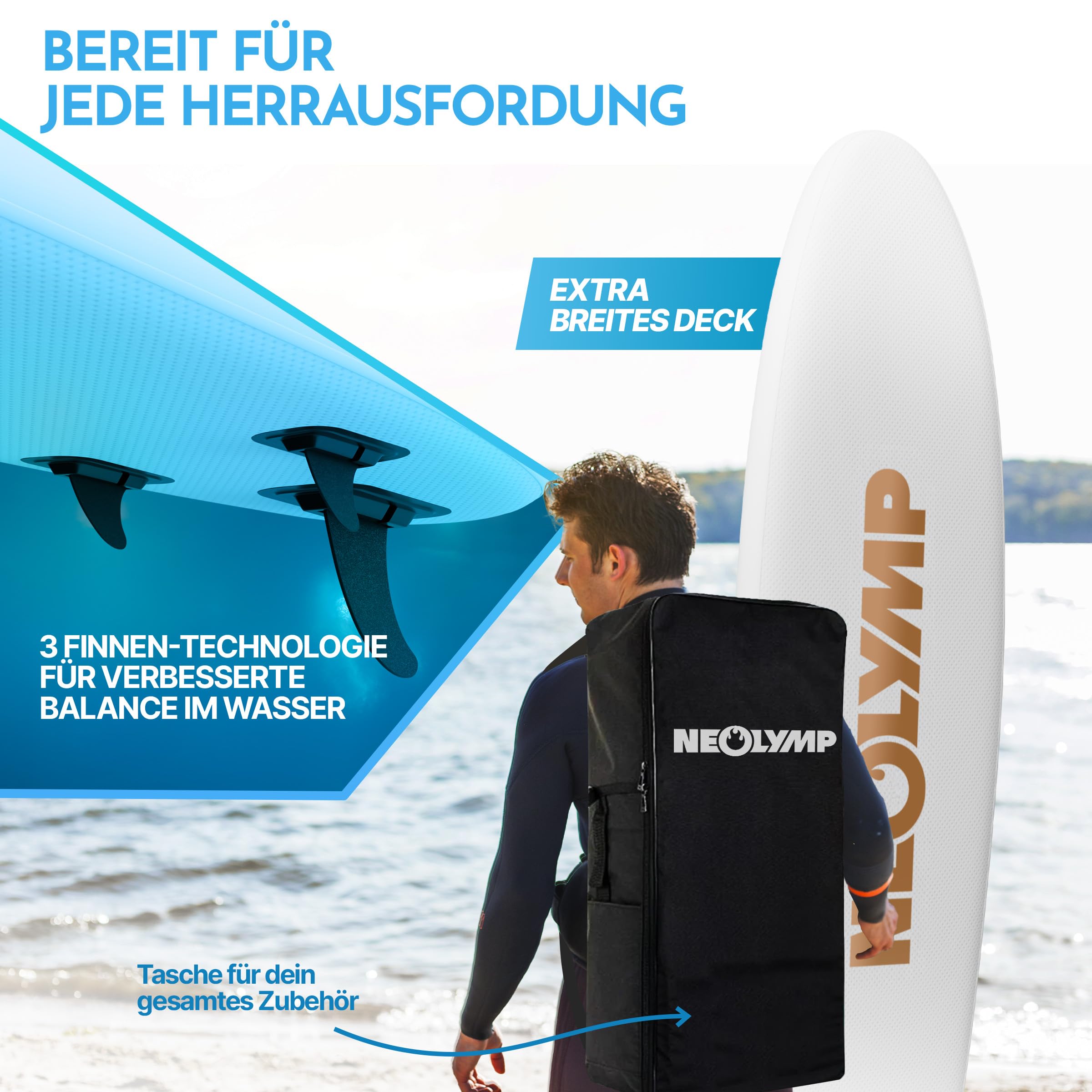NEOLYMP Aufblasbares Stand Up Paddle Board 315 cm – SUP Komplett-Set 13-TLG. inkl. Kajaksitz, E-Book, Pumpe & Rucksack – für Kinder & Erwachsene – 150 kg Traglast – Paddleboard aufblasbar mit Zubehör