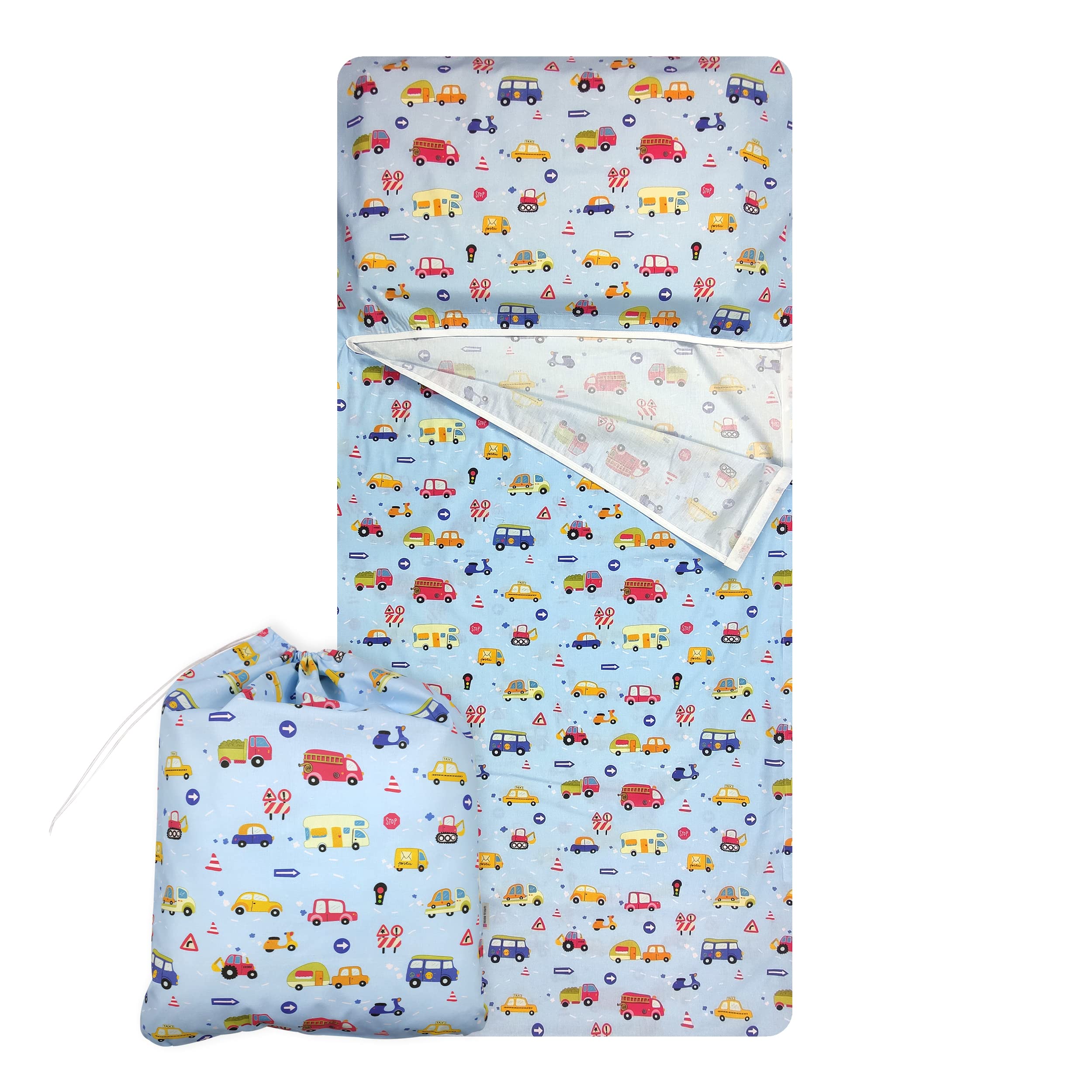 Panini Tessuti Saco de Dormir de Verano y Saco de guardería para bebés de 2 a 6 años - Tejido Acolchado 100% algodón, para Dormir en la guardería y en casa Saco de Dormir Coches Azules