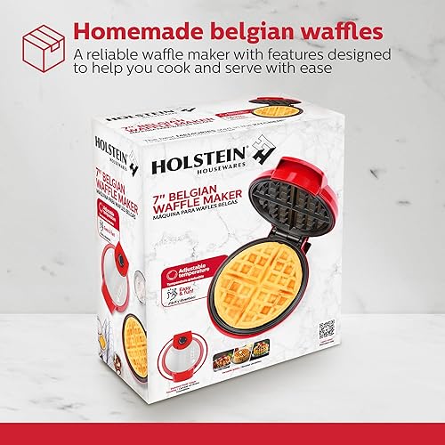 Miniatura 8 de Holstein Housewares waflera belga de 7 pulgadas, revestimiento antiadherente, rojoacero inoxidable, deliciosos waffles en minutos para comidas
