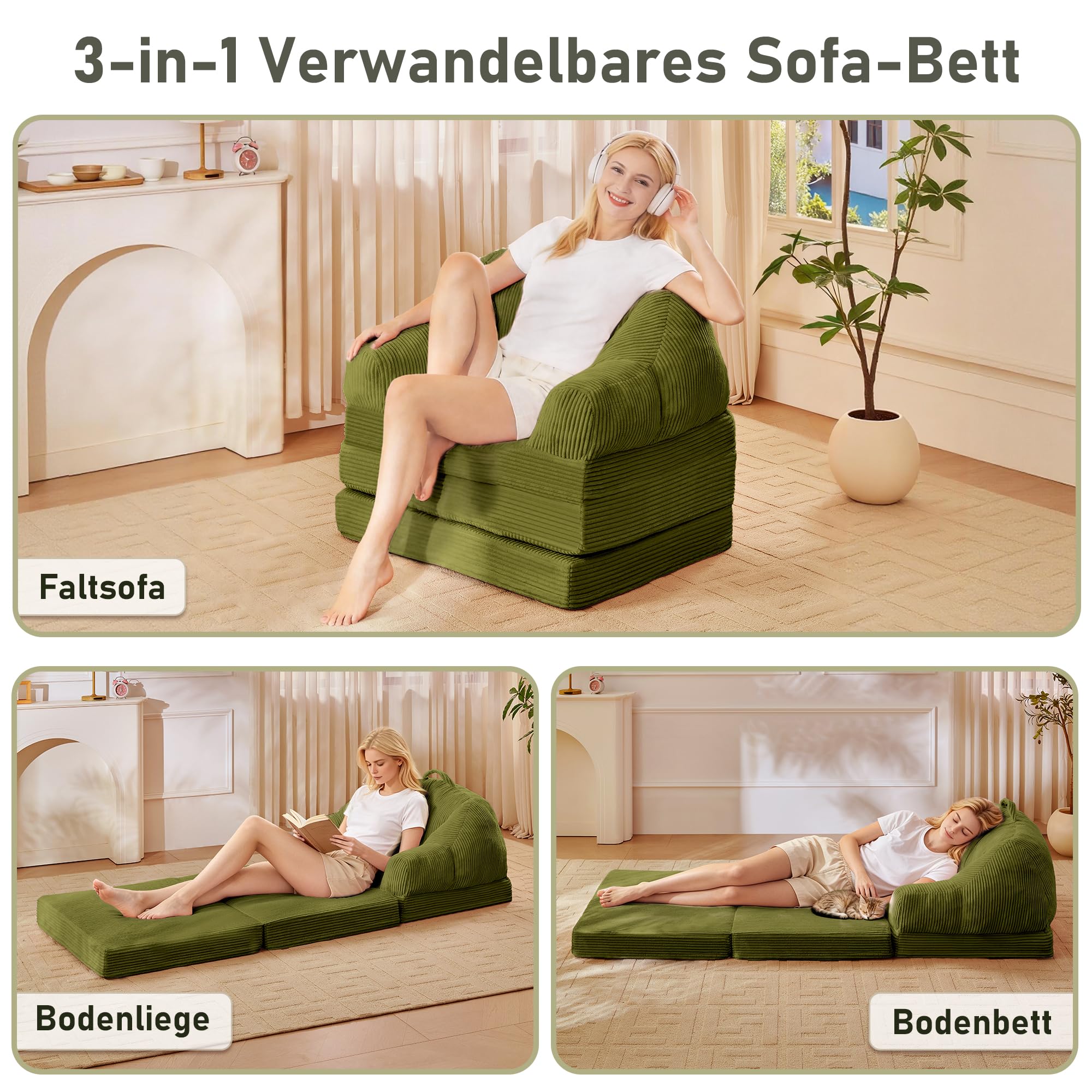 3-in-1 Klappsofa, Schlafsofa aus Cord und Schaumstoff, Schlafsessel mit Bettfunktion, Umwandelbares Bodensofa mit Griff, sitzsack zum Entspannen Schlafen im Schlafzimmer-und Wohnzimmer,Grün