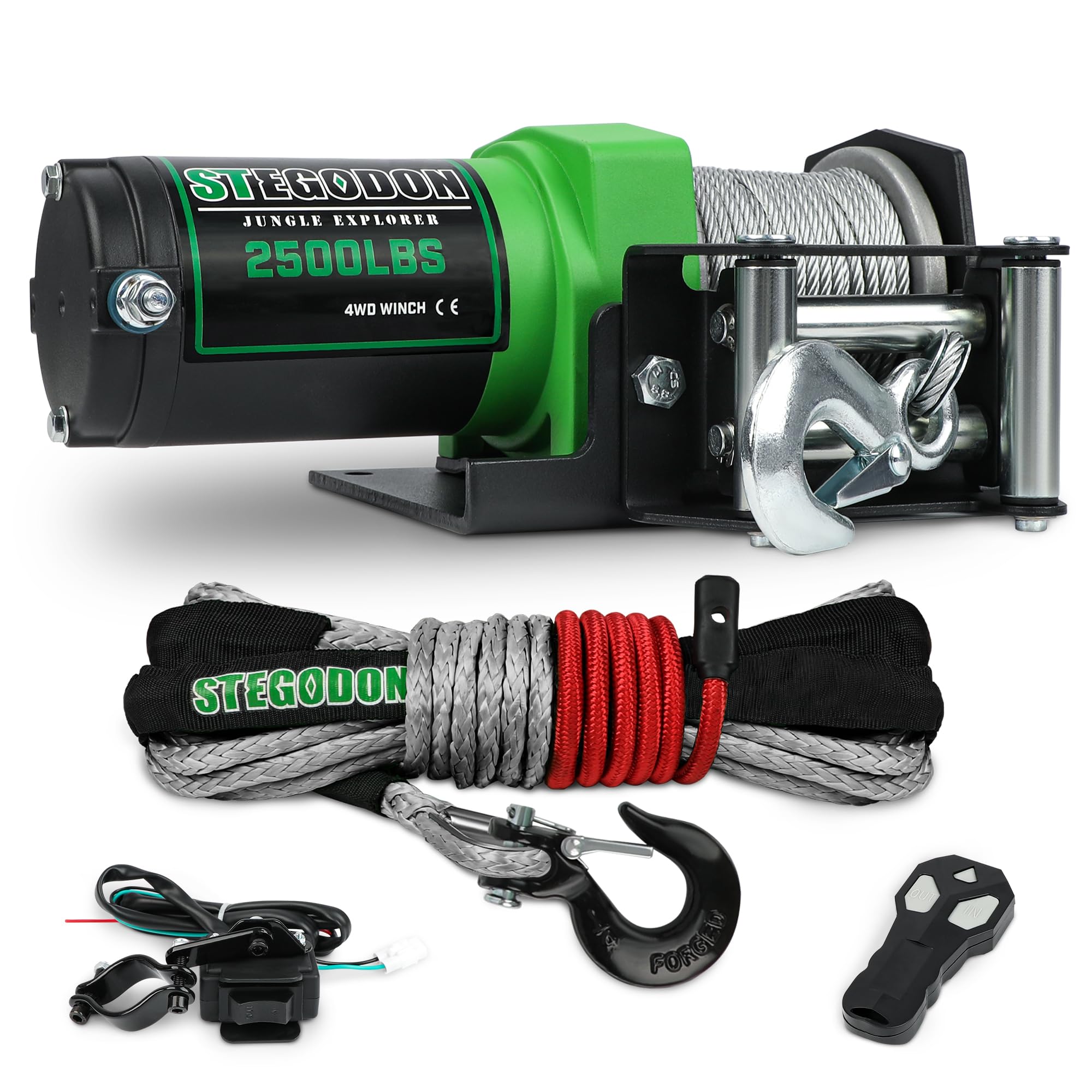 STEGODON 2500 lb. ATV/UTV Electric Winch, 12V Synthetic Rope Nylon Towing Winches,Electric Winch with Wired Remote and Wireless Remote for ATV UTV Towing,Boat,Off-Road(Gray)