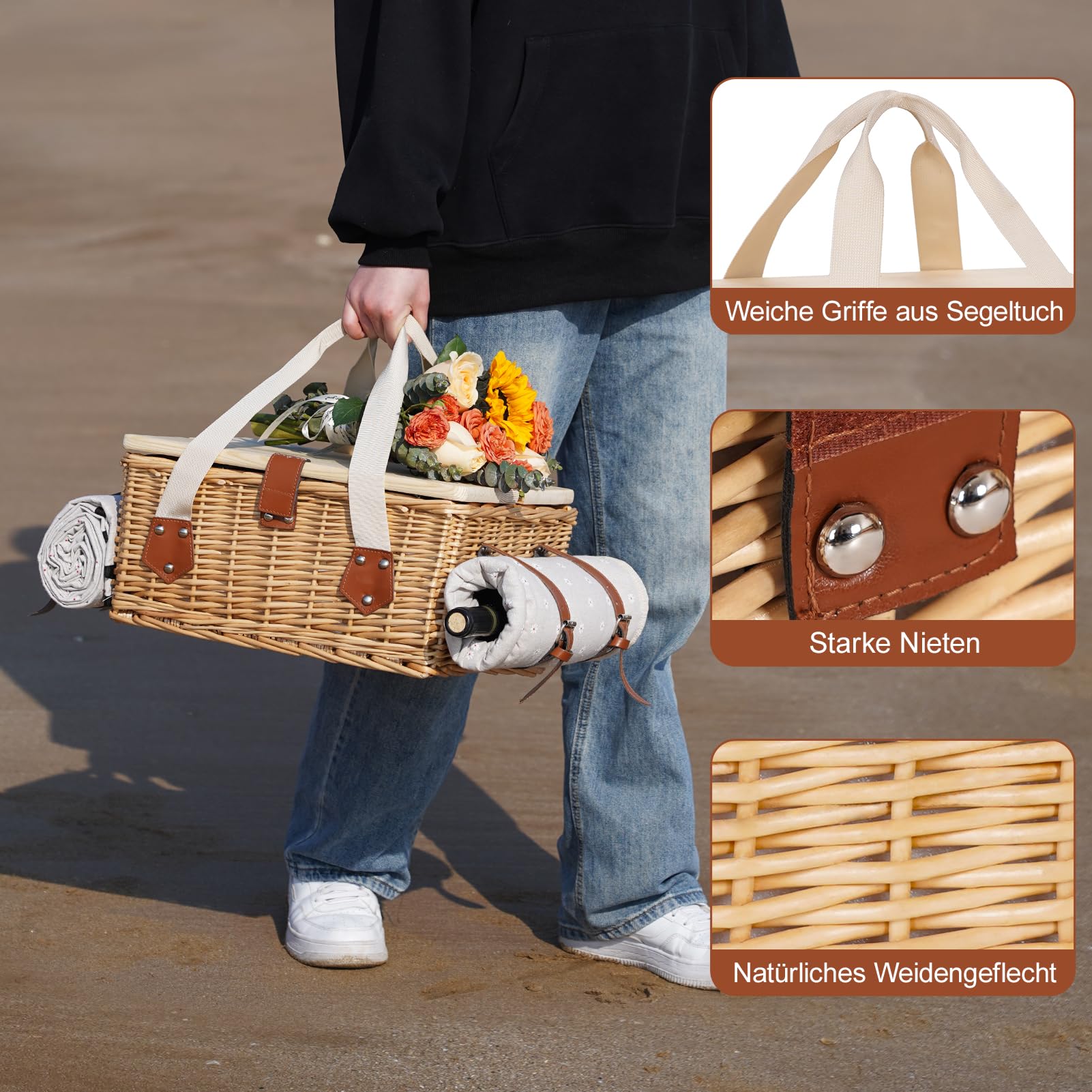 Juego de cesta de picnic con mini mesa plegable y juego de cubiertos, cesta de picnic para 2 personas con bolsas frías, cesta de mimbre con asa, cesta de mimbre para picnic, camping, fiesta al aire