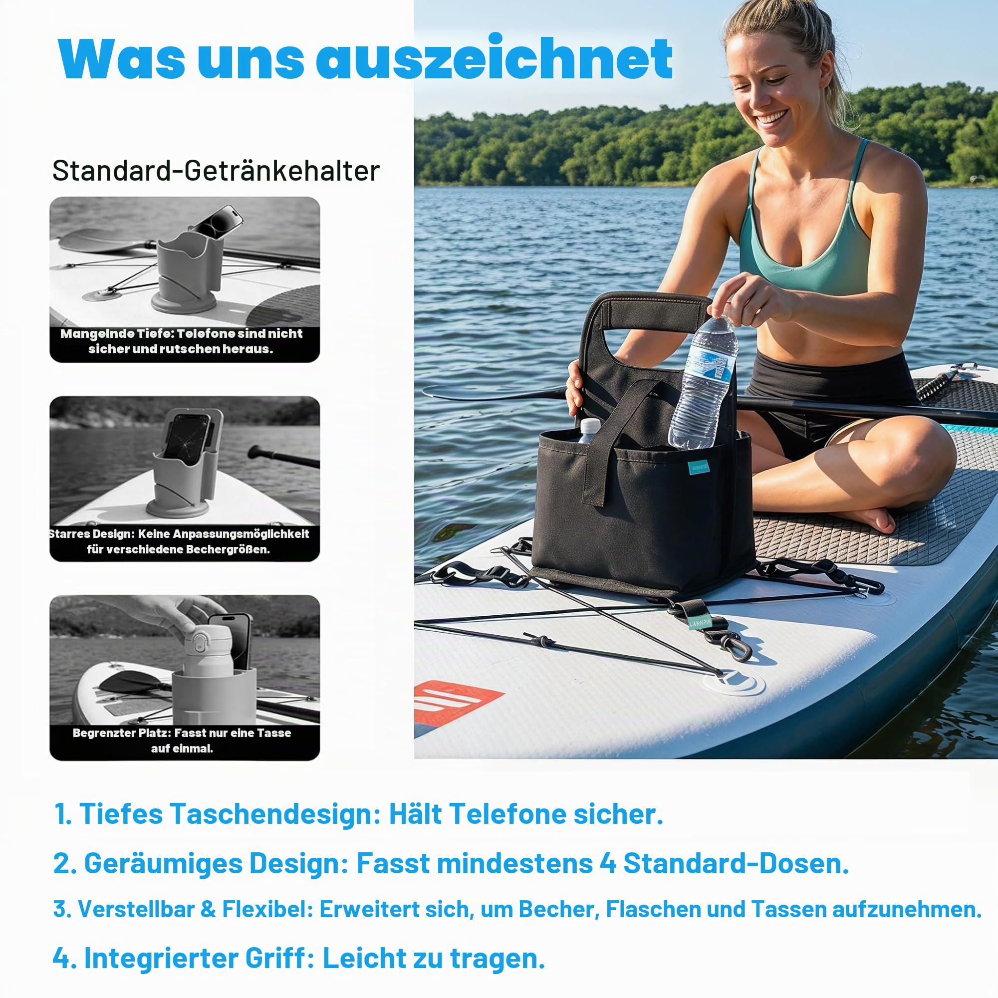 SUP Kühltasche für Paddle Board & Kajak, 2-in-1 Getränke- & Handyhalter, Wiederverwendbarer Kaffeebecherhalter, Praktisches SUP Zubehör SUP Board Tasche