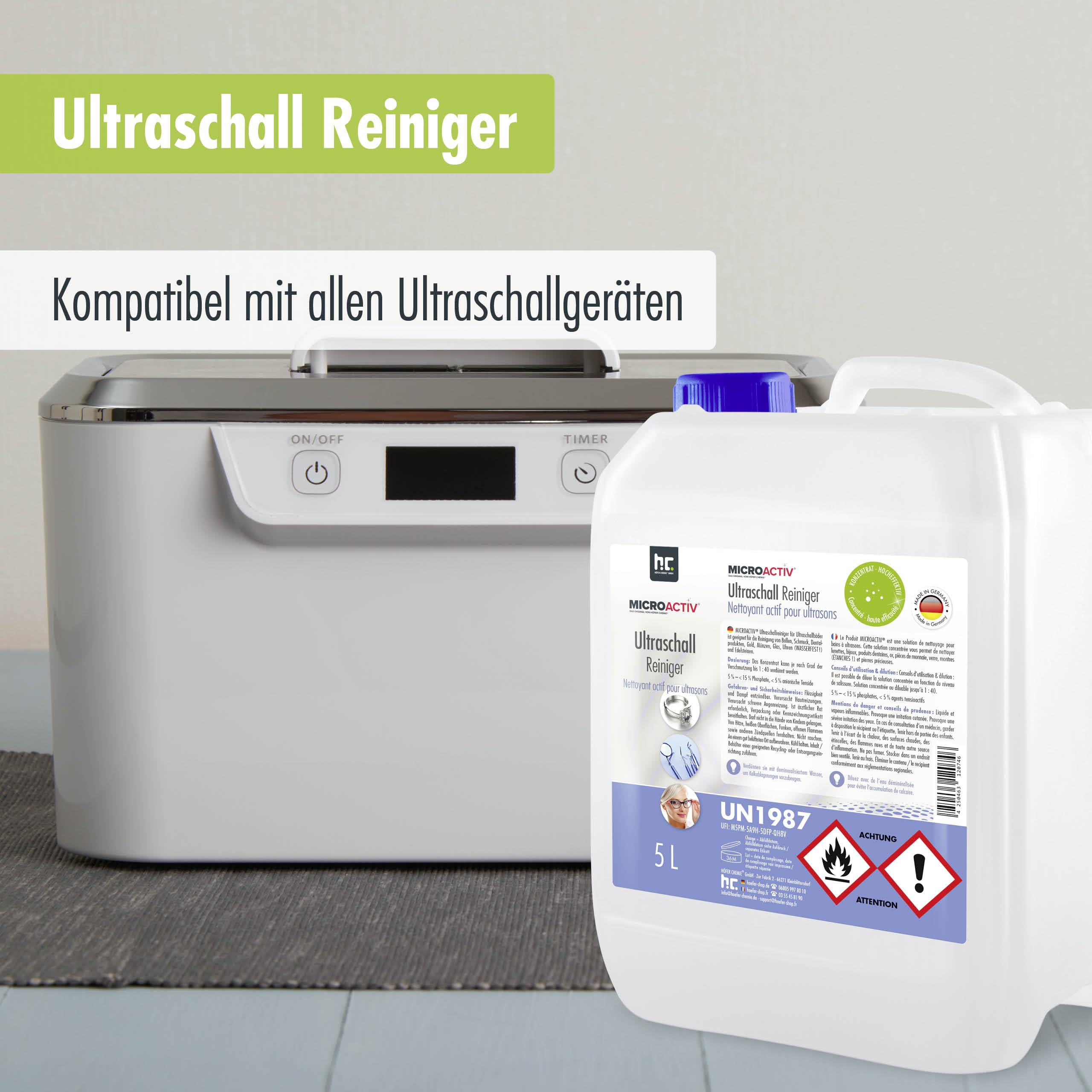 Microactiv Ultraschallreiniger 5 L | Hochwirksames Reinigungsmittel, Für Schmuck, Brillen, Dental- & Metallteile, Konzentrat bis 1:40 verdünnbar