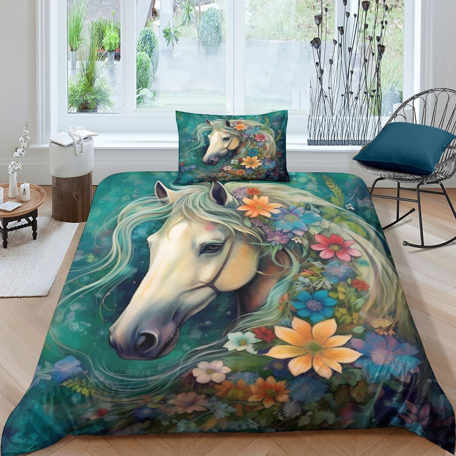 Housse de couette fleurs et chevaux anti-plis en microfibre douce avec fermeture éclair pratique
