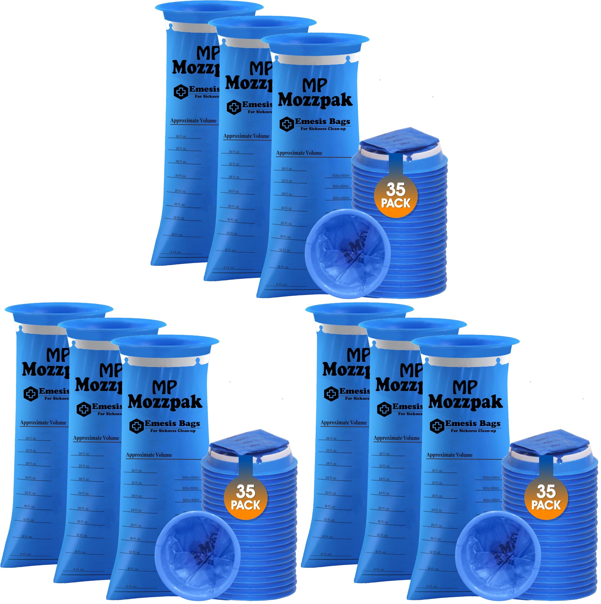 MP MOZZPAK Vomit Bags Disposable 105 Pack - 1000ml Emesis Bags, Leak-Proof Barf Bag, Travel Friendly Puke &amp; Nausea Bag for Motion Sickness, Medical Grade Throw up Relief for Car