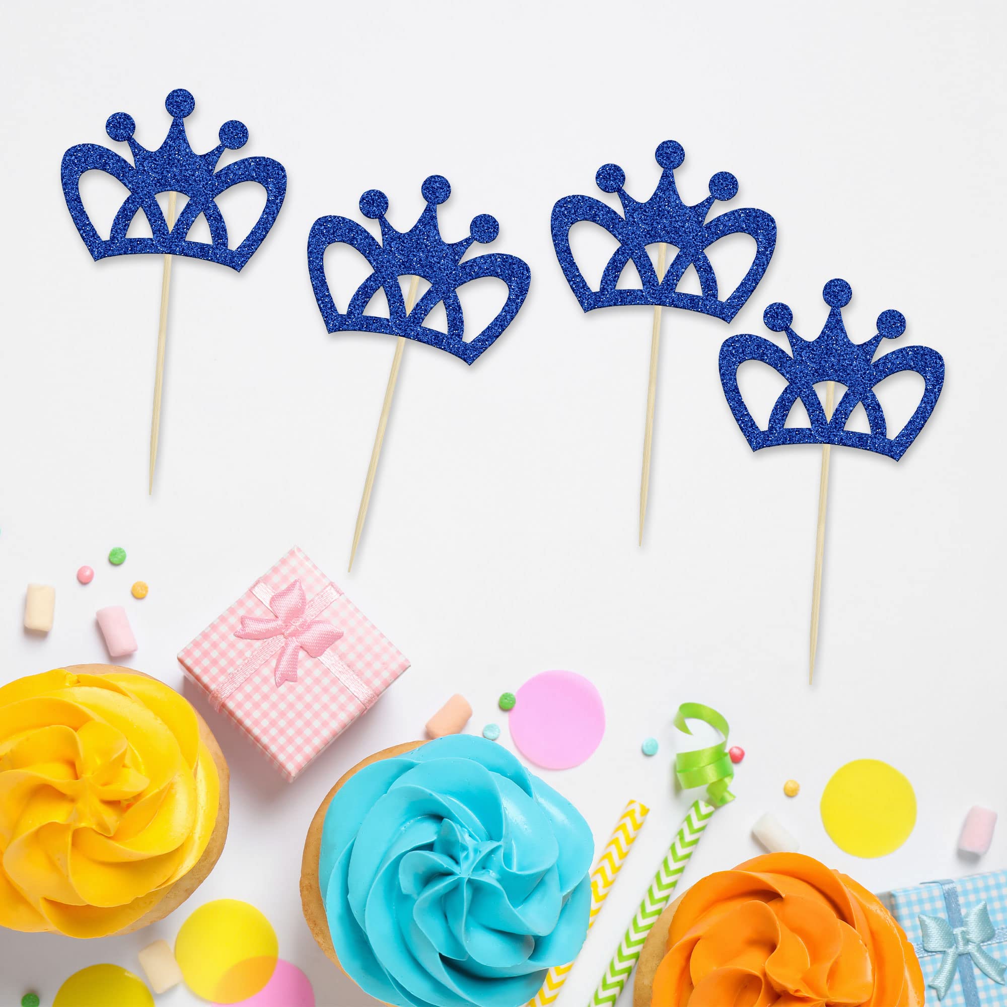25-Piece King & Prince Crown Cake Toppers – Blue Glitter Cupcake Decor For Boy Birthdays, Baby Showers & Gender Reveals