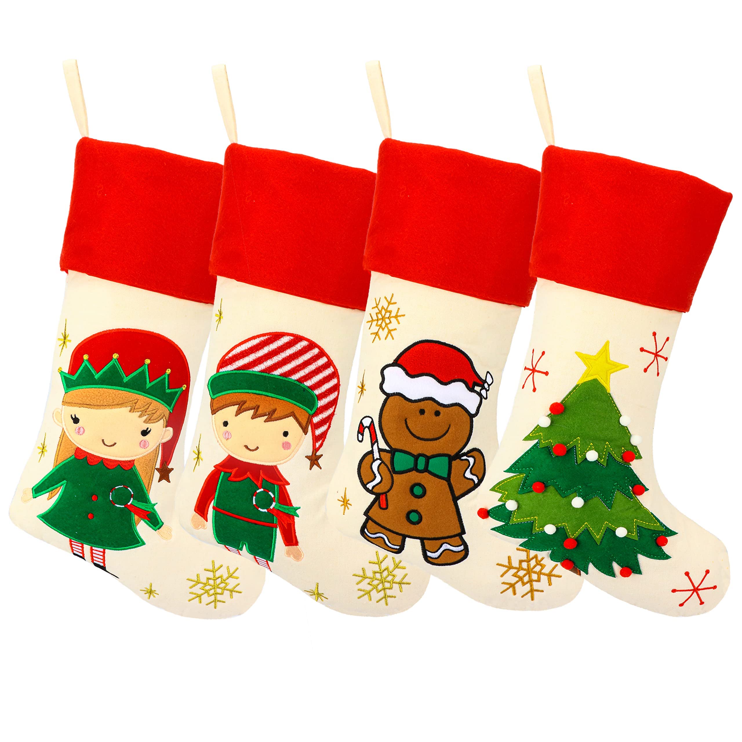 Hopearl 19-Zoll-Weihnachtsstrumpf-Set, 4-teilig, Weihnachtsstrumpf, Junge, Mädchen, Lebkuchenmann, rustikale Flachs-Socken, Halter, Ornament, Geschenktüten für Familie, Weihnachtsbaum, Partyzubehör