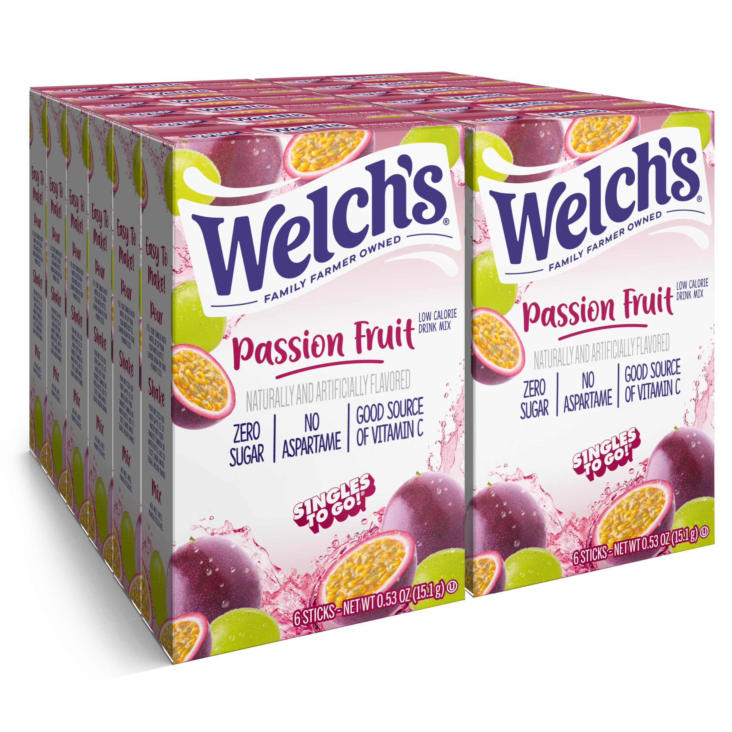 Welch's Singles To Go Water Drink Mix - Passion Fruit Powder Sticks (12 Boxes with 6 Packets Each - 72 Total Servings)