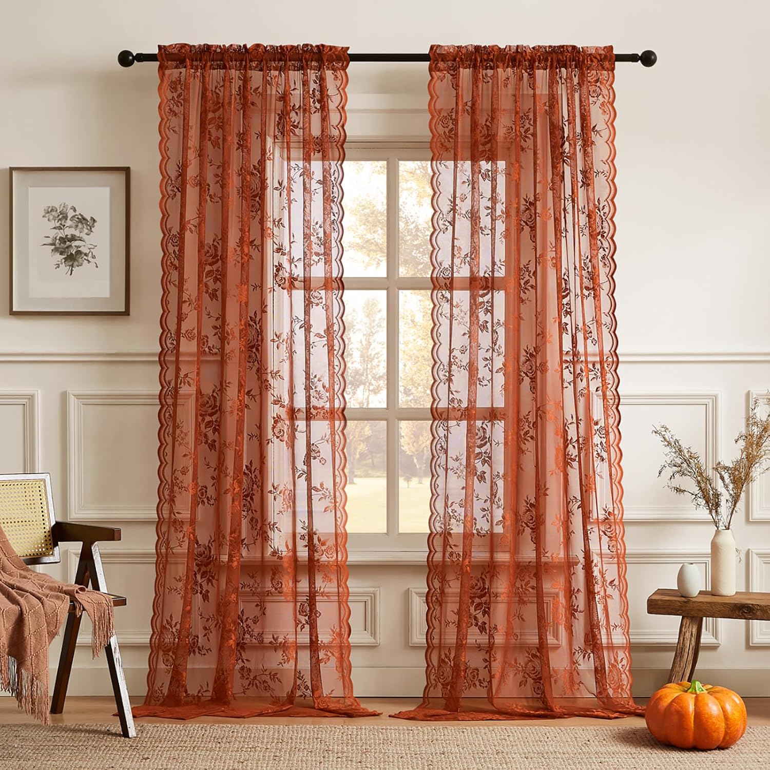 Terracotta Lace Curtains 102 Inches Long Rust Country Floral Sheer Curtains for Living Room Bedroom Rod Pocket Light Filtering French Lace Drapes for Dining Room Decor 2 Panels, 52x102, Burnt Orange