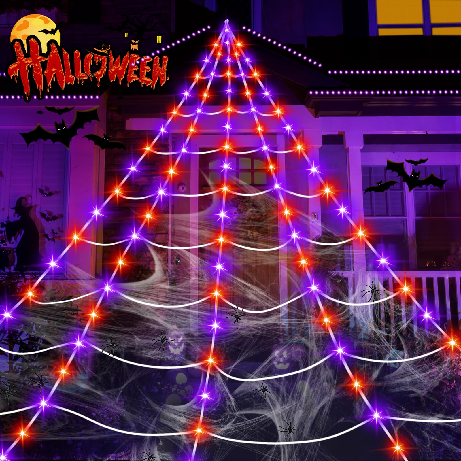 Halloween Decorations Outdoor, 250LED 23x18 FT Giant Spider Web with Purple Orange Lights, Lighted Triangular White Spider Web with Sturdy Wire, Waterproof, Timer, 8 Modes for Yard Halloween Décor
