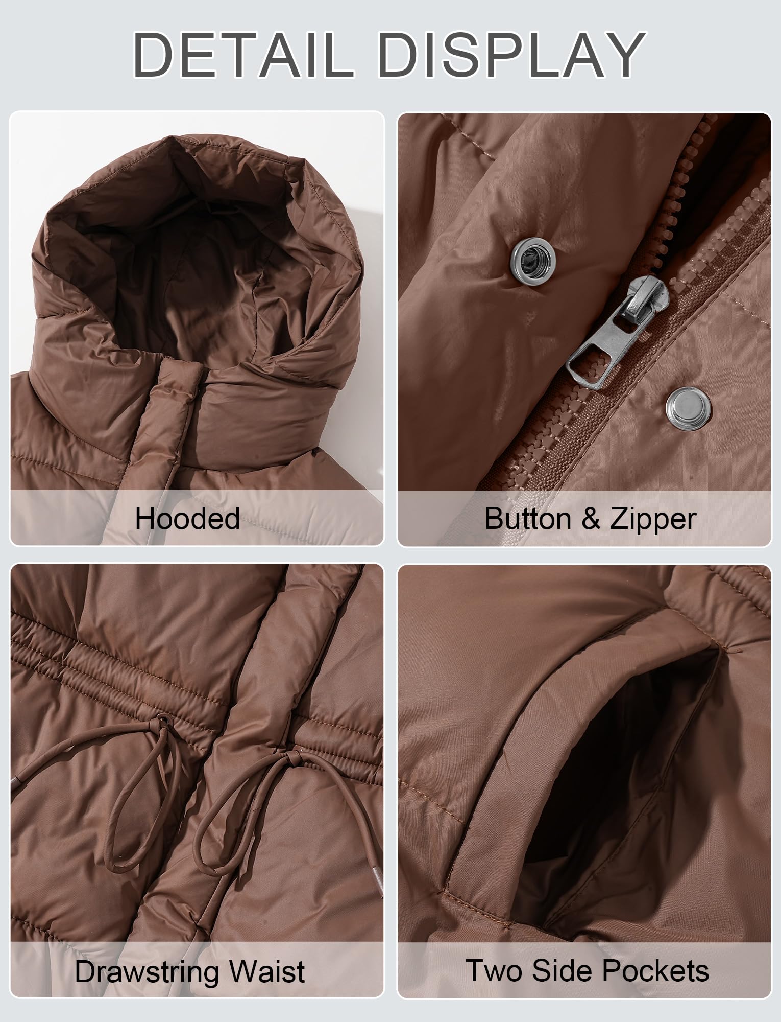 Maeau - Wintermantel Kurzer Kapuze Damen Reißverschluss und Druckknöpfen verstellbaren Kordelzug in der Taille Winterjacke M-3XL