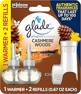 Glade PlugIns Refills Air Freshener Starter Kit, Scented and Essential Oils for Home and Bathroom, Cashmere Woods, 1.34 Fl Oz, 1 Warmer + 2 Refills