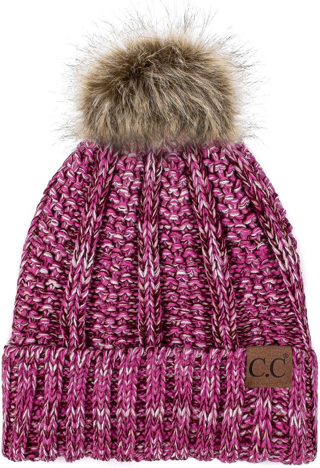 C.C Exclusives Fuzzy Lined Knit Fur Pom Beanie Hat (YJ-820)