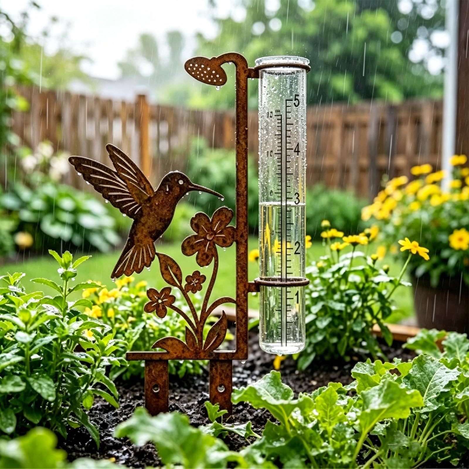ZBELLO Hummingbird Rain Gauge Stake, Decorative Metal Garden Rain Measuring Gauge with Clear Scale Glass Tube, Outdoor Lawn Yard Ground Insert Rainfall Measuring Instrument (yellow,23cm)