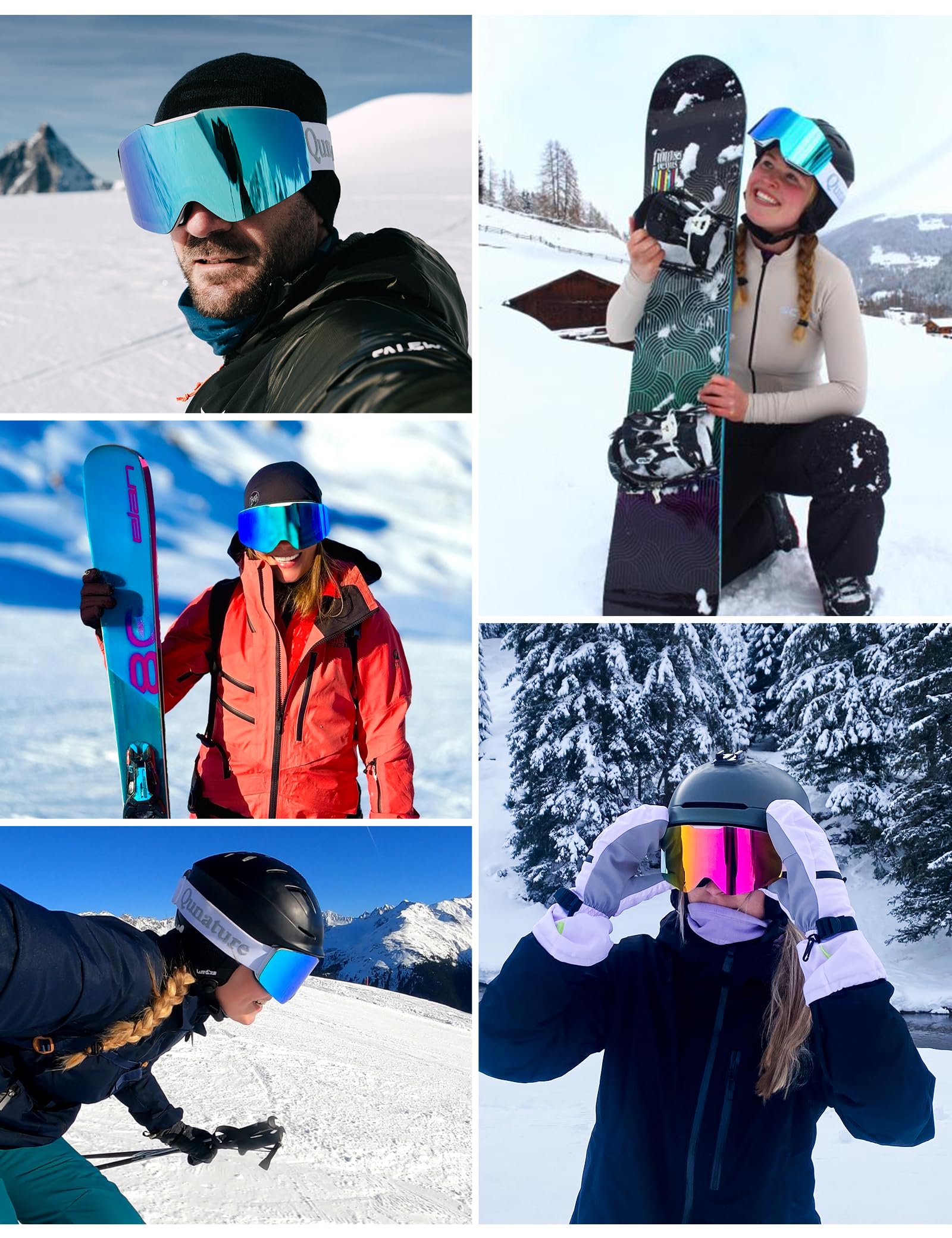 Gogle Narciarskie Gogle Śniegowe Ochrona UV Damskie/Męskie Przeciwmgielne Oddychające Kompatybilne z Kaskiem Gogle Snowboardowe dla Osób Noszących Okulary, Jazda na Nartach/Snowboardzie