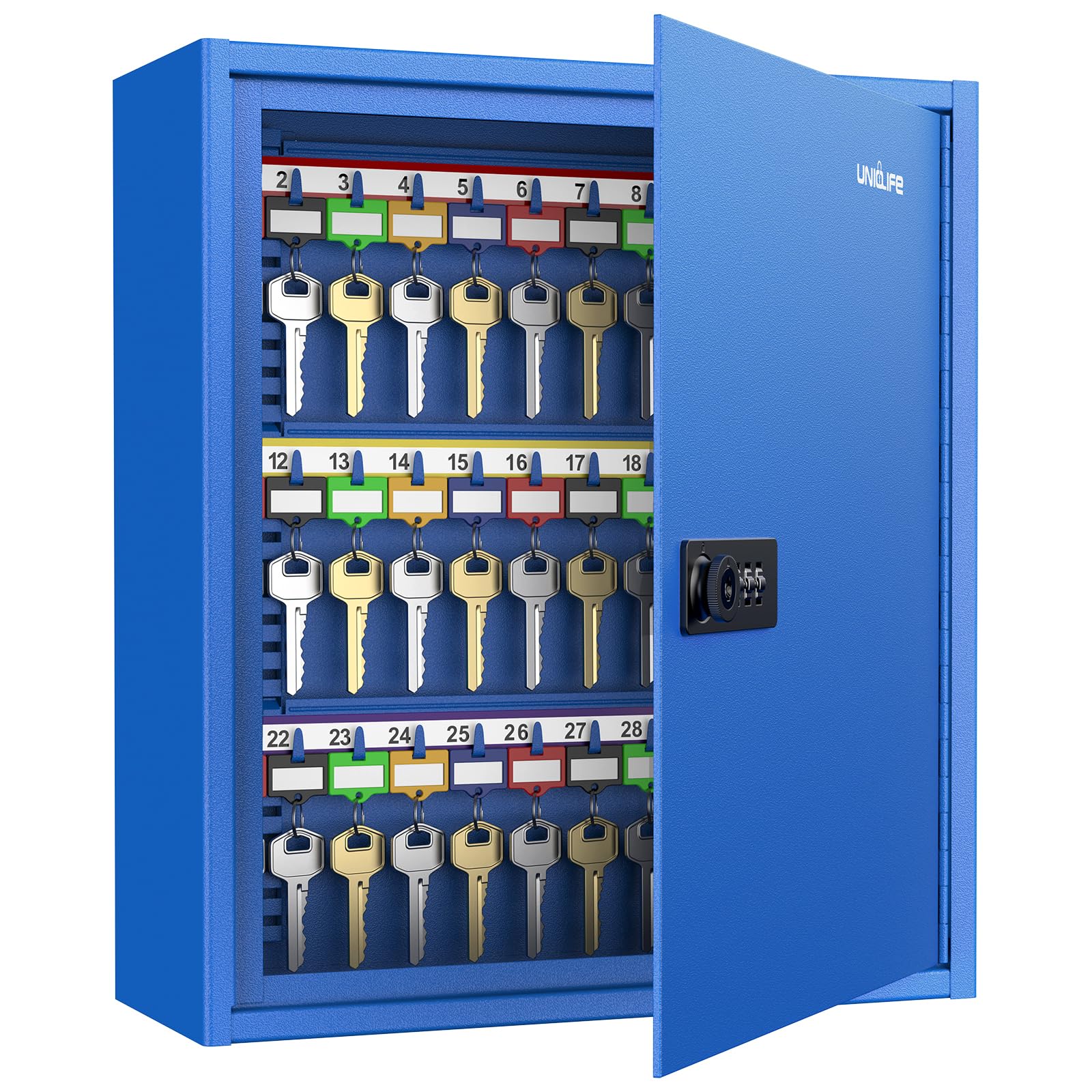 Uniclife 60 Keys Key Lock Box with Code, Wall Mount Key Box, Keys Cabinet for Home Office & Company, Blue