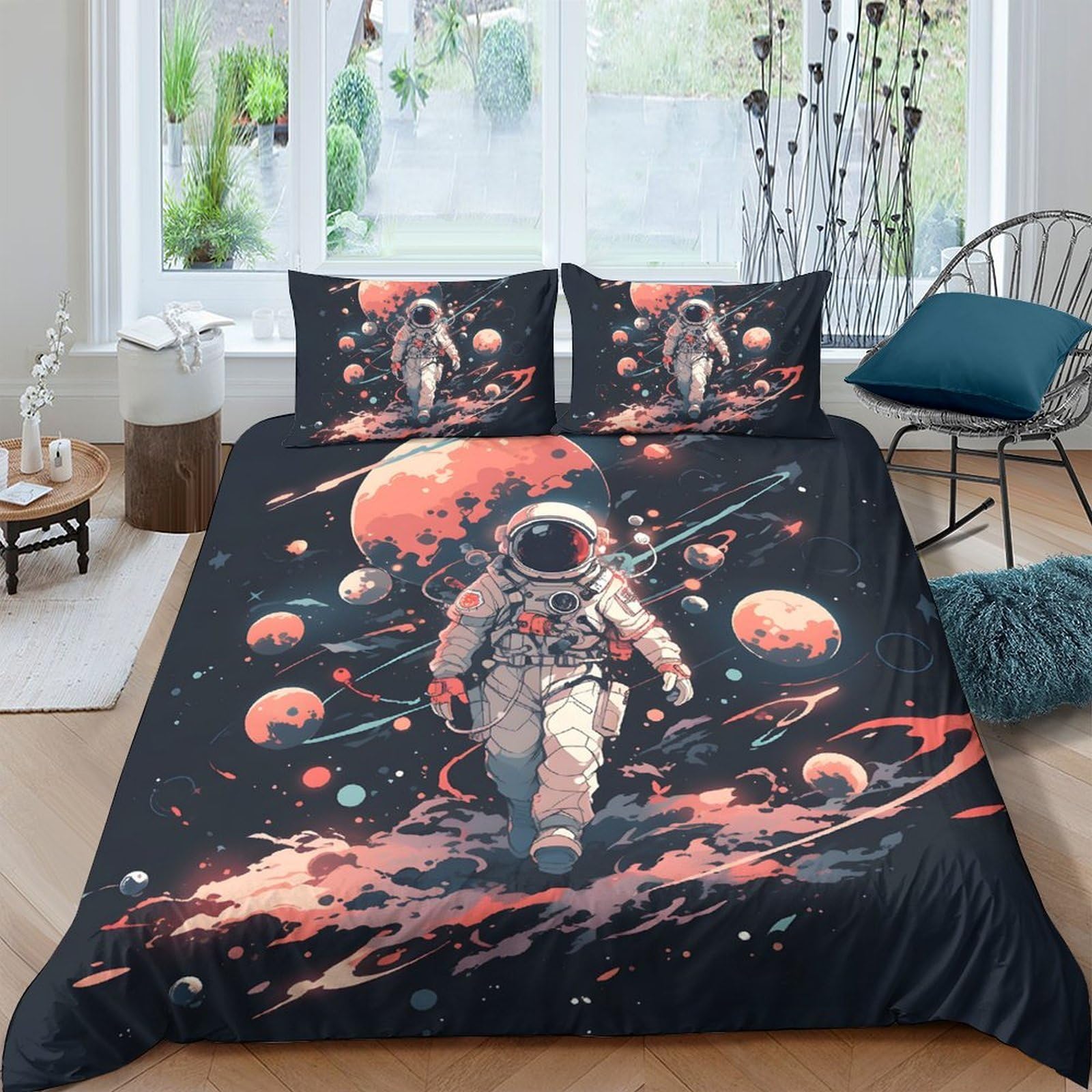 GPLZQXKJNH 3D Printed Astronaut Space Duvet Cover Microfiber Soft Breathable Planet Bedding Set with 2 Pillowcases for Bedroom Decor Single（135x200cm）