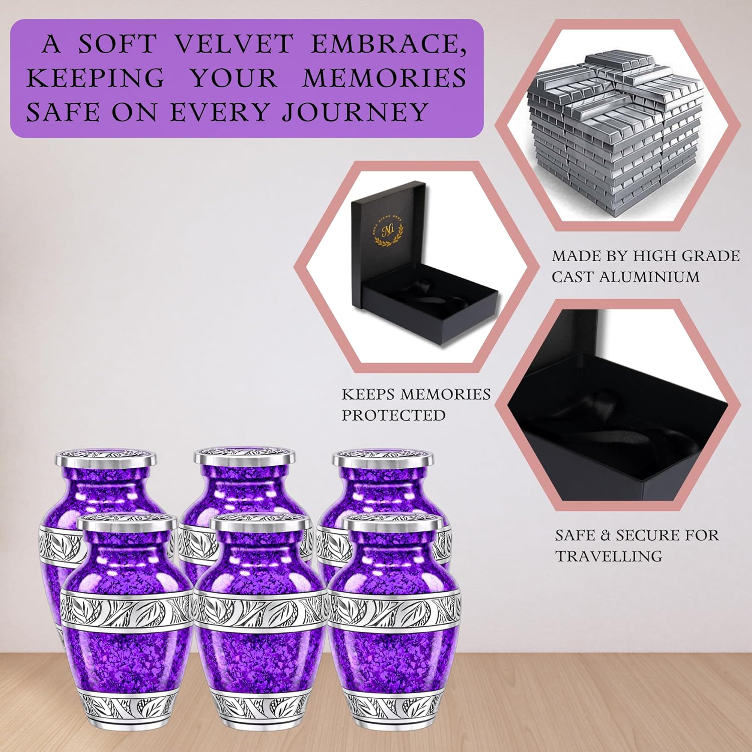 Small Urns for Human Ashes Keepsake – Mini Sharing Urn Sets for Women – Memorial Cremation Urns for Family & Loved Ones (Purple, Set of 6)