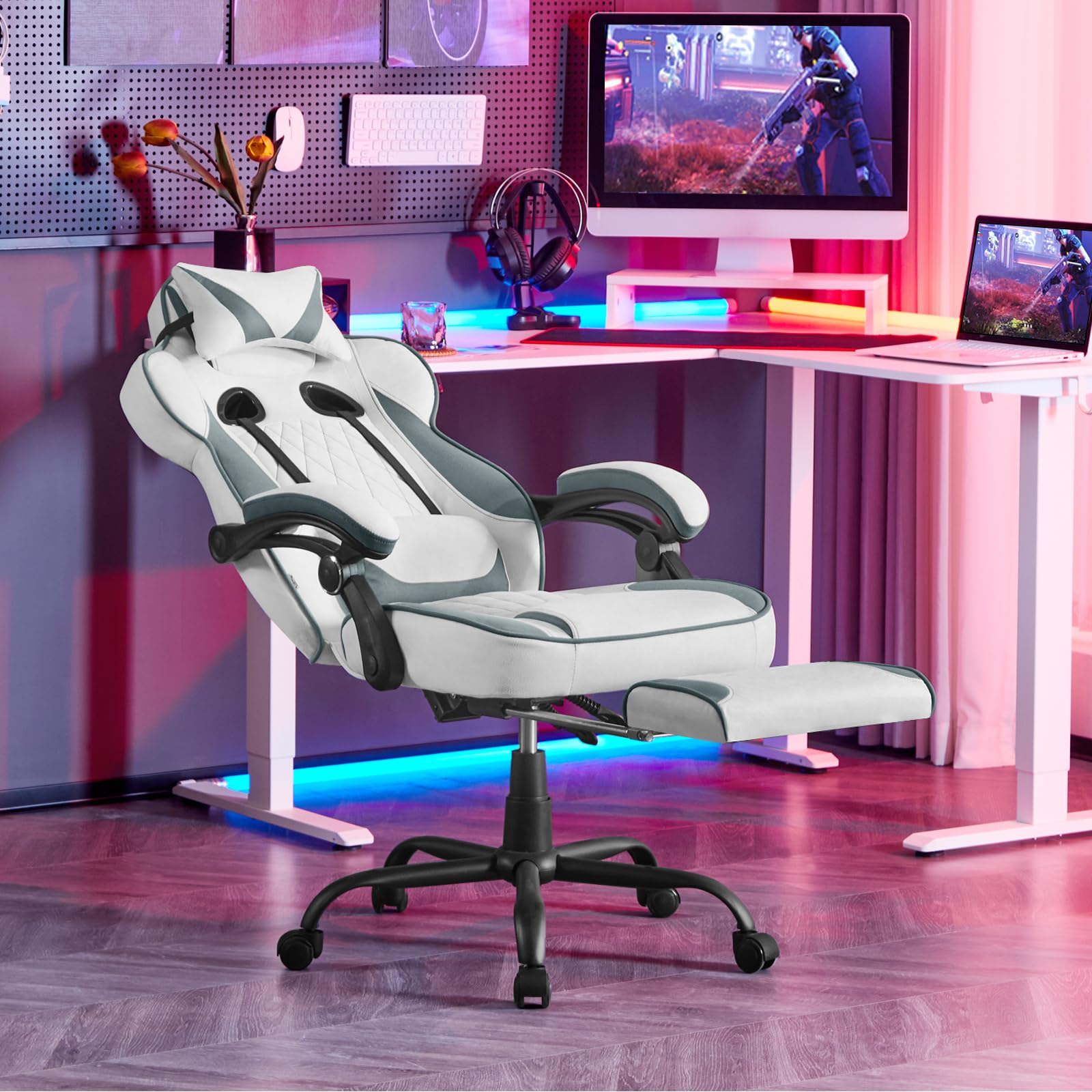 WOLTU Silla Gaming en Tela Transpirable,Ergonómica Silla Gamer,Azul+Blanco | con Reposapiés, Sillón Giratorio Videojuegos, Silla Oficina con Asiento Ancho y Cómodo para Personas Grandes