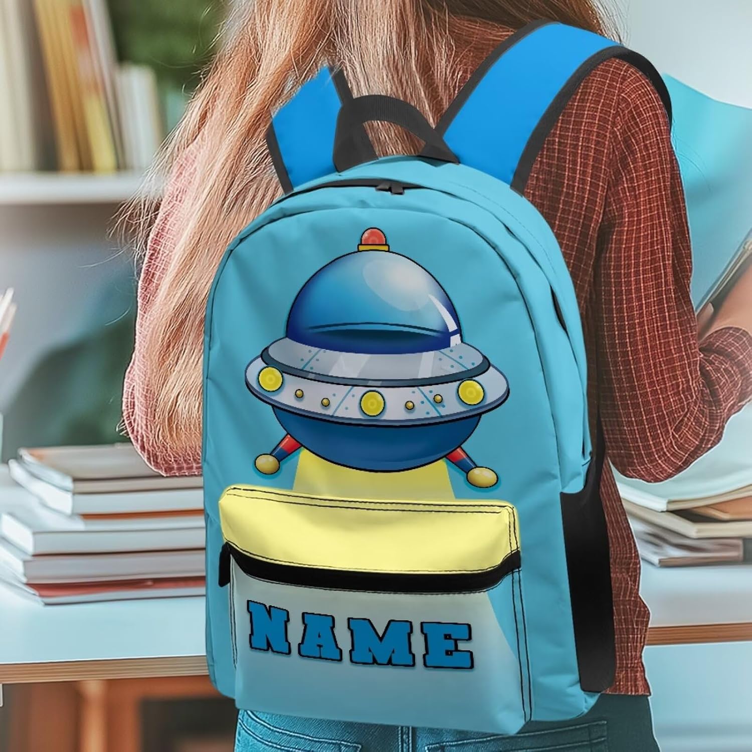 Glowing Spaceship Personalized Kids Backpacks for Boys Customize School Backpack for Boys 6-8 8-12 with Name, Lightweight Bookbag Kindergarten Preschool, Students Teens 17 Inch Custom Bookbags