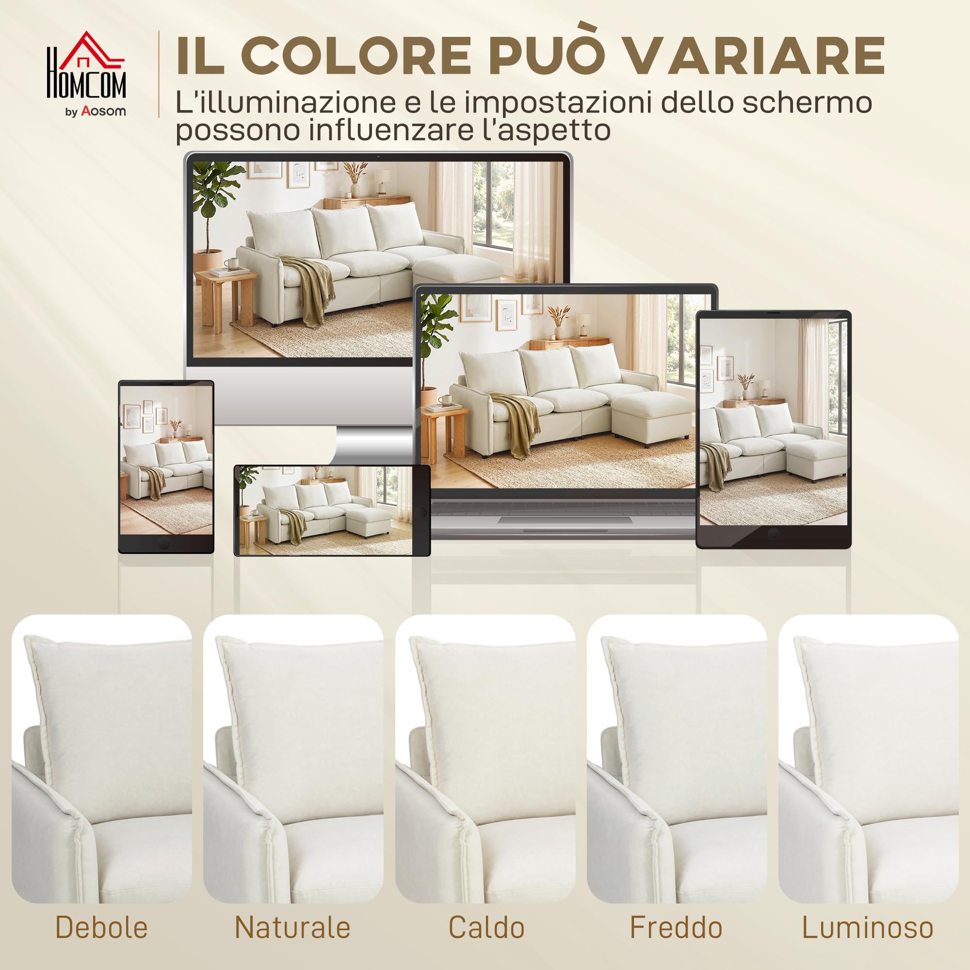 HOMCOM Divano Angolare 3 Posti Modulare Reversibile con Cuscini Crema | Divano ad Angolo, Tessuto Effetto Pelle Traspirante, Contenitore Poggiapiedi Rimovibile, Divano a L per Salotto, 212x125x84cm