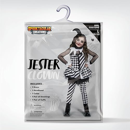 Miniatura 5 de Spooktacular Creations Disfraz de payaso para niñas, disfraz de payaso malvado de Halloween, vestido de payaso blanco y negro para niñas de Halloween