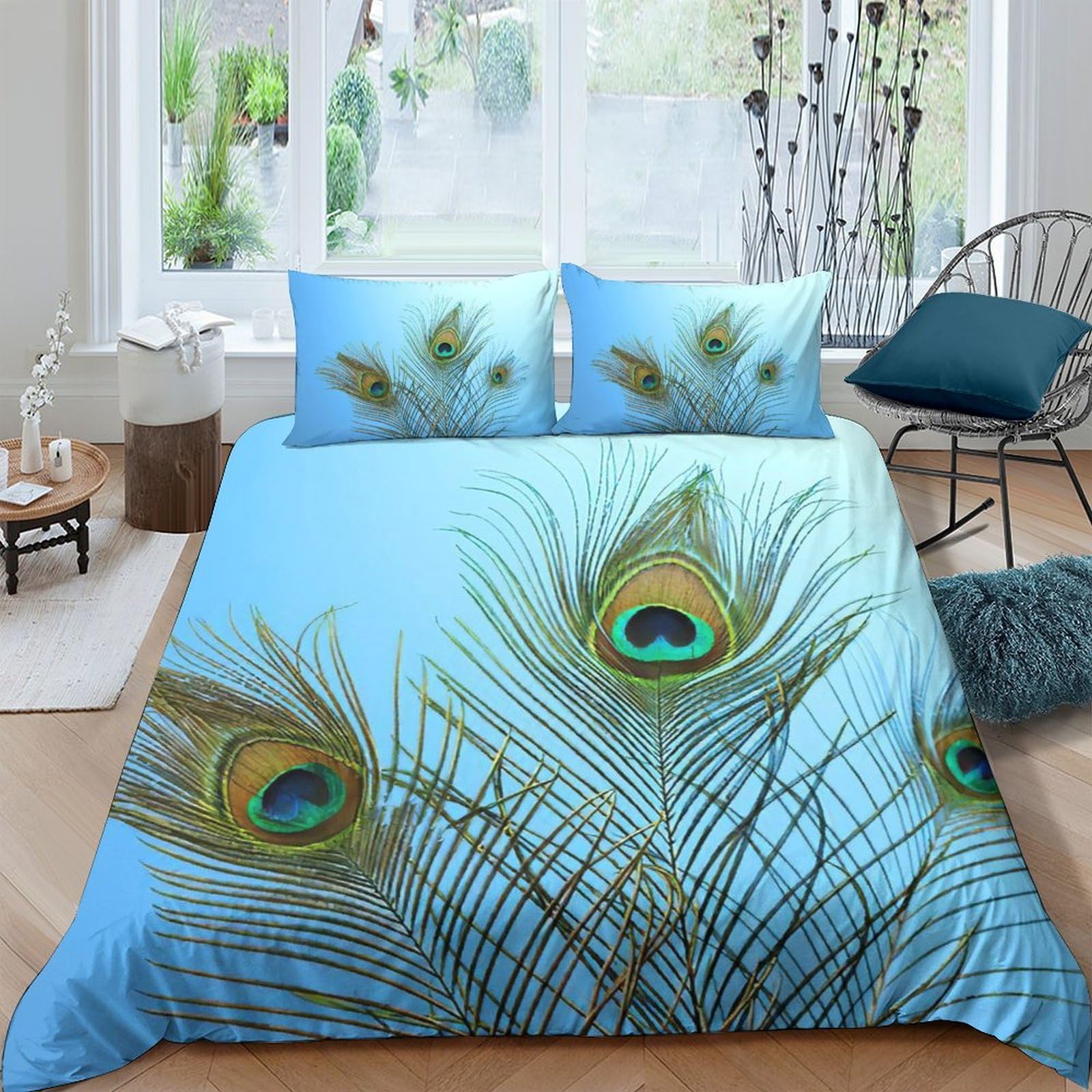 Ctjqhvkz Style-10 3D Printed Peacock Feather Fitted Sheet Microfiber Blue Mattress Cover For Bedroom Guest Room Easy Care Decor Single（135X200cm）
