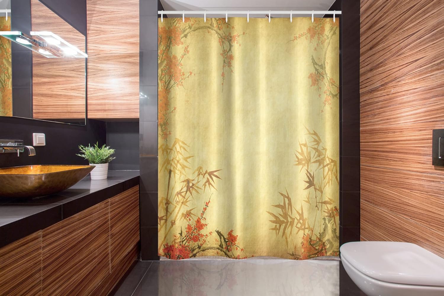 Ambesonne Bamboo Print Stall Shower Curtain, Bamboo Stems and Blooming Flower Antique Grunge Background Oriental, Fabric Bathroom Decor Set with Hooks, 54" W x 78" L, Mustard Vermilion