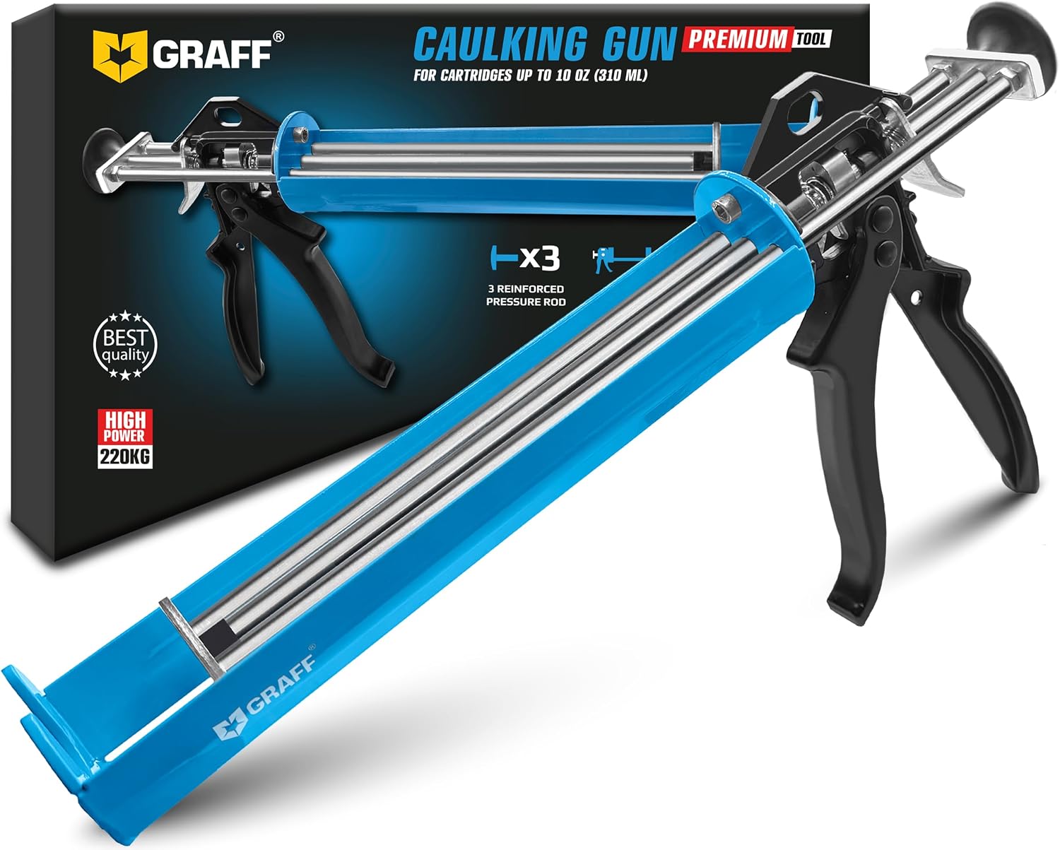 Professional Heavy-Duty Caulking Gun 26:1 Thrust Ratio, Triple Push Rod Dripless Silicone Caulk Gun with Metal Handle, Adjustable Trigger, Fits 5–10 oz Cartridges for Silicone Acrylic & Sealants GRAFF