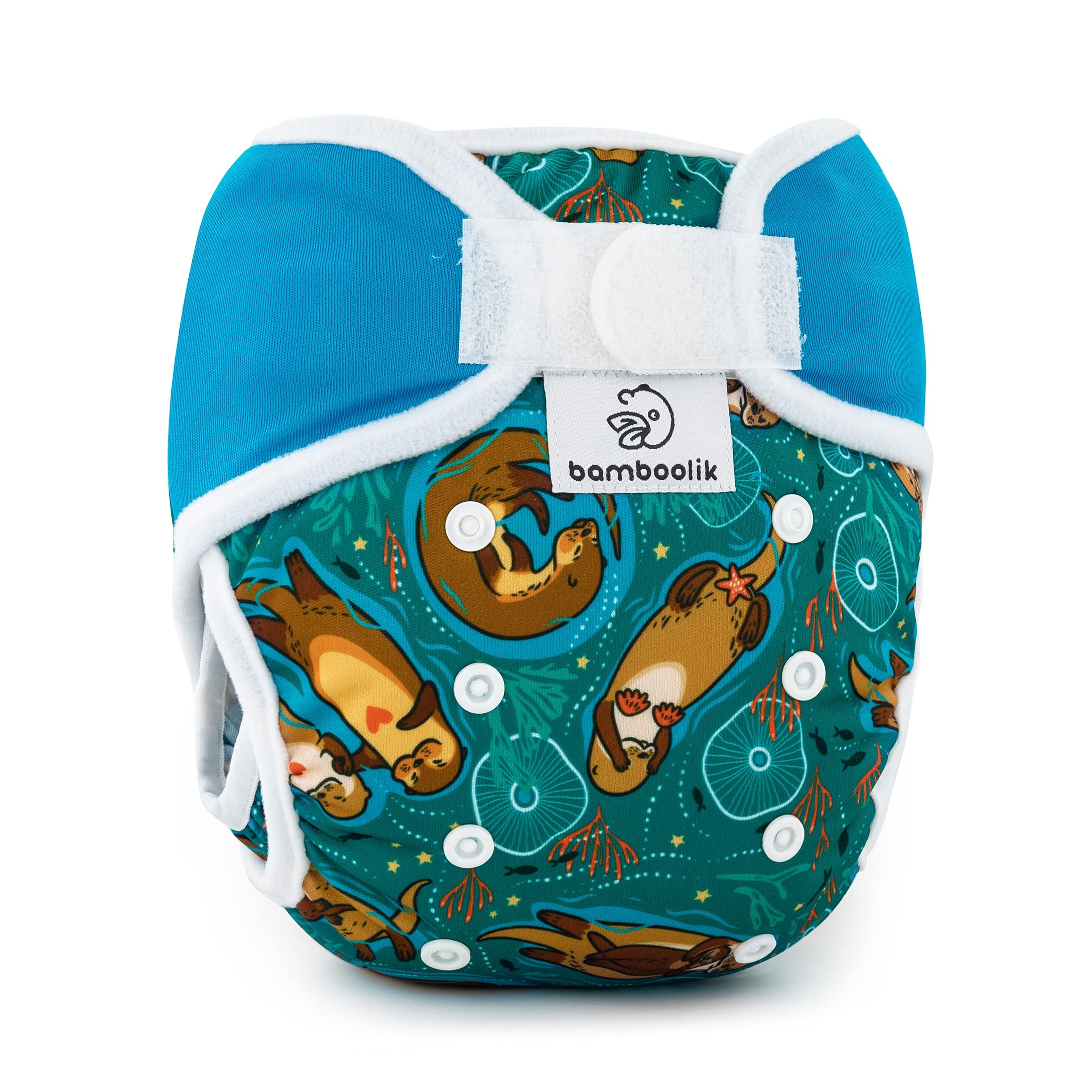 Waschbare Überhose für Windeln, Einheitsgröße, Klettverschluss, doppelte seitliche Barriere, zwei elastische Taille. (Otters in Love + Turquoise)
