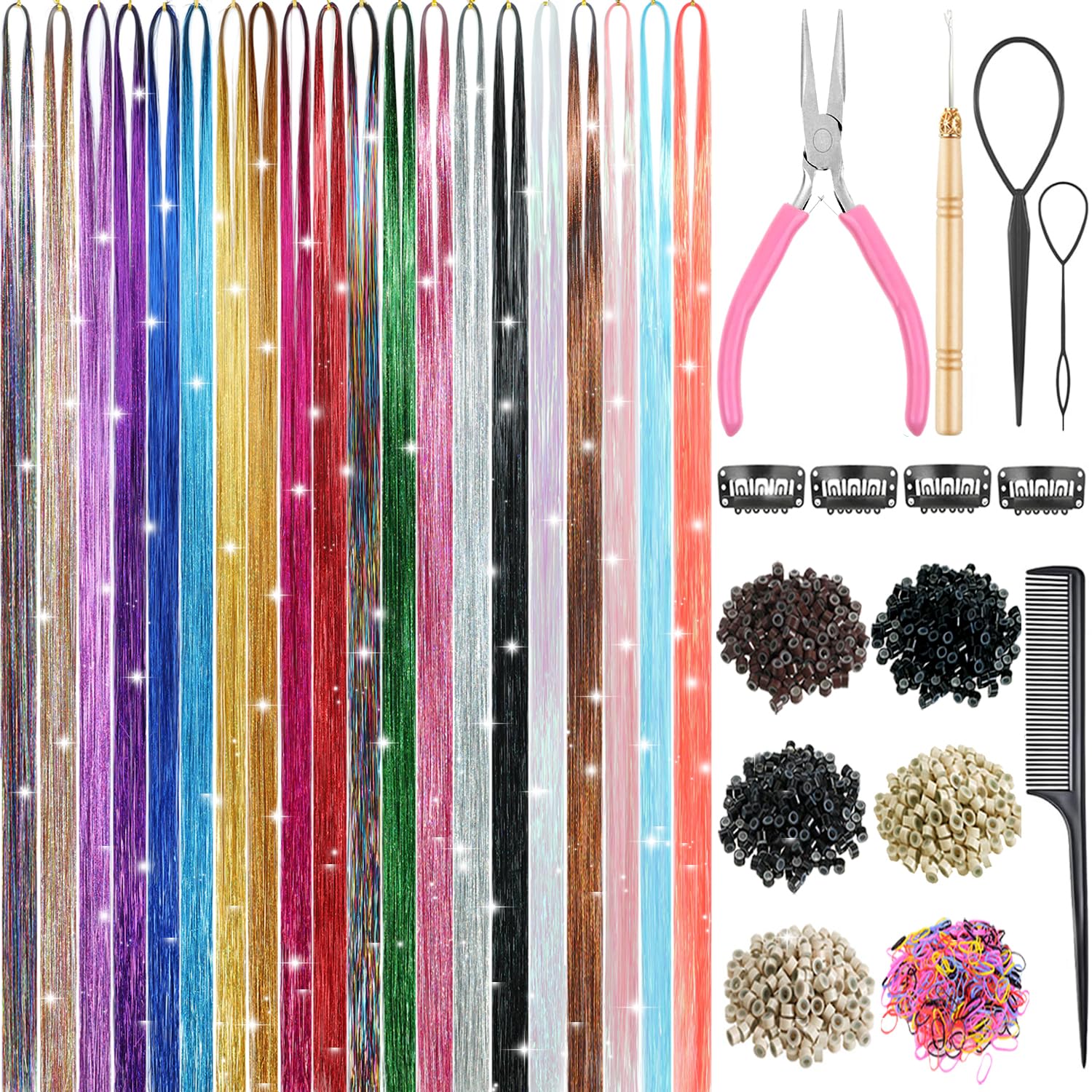 Hair Tinsel, 20 Colors Hair Tinsel Kit for Girls, Tinsel Hair Extensions 48 Inch 20 Colors Hair Tinsel Kit
