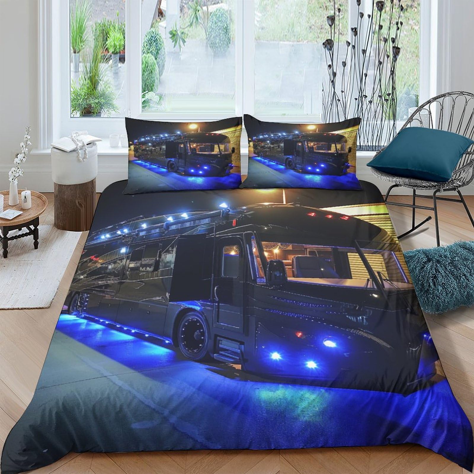 ENYISIYULO Truck 3Pcs Bedding Set Printed Quilt Cover,3D Duvet Cover for Boys Adult, Microfibre, with Pillowcases Easy Care Microfiber Comforter Cover Hidden Zipper King（220x240cm）