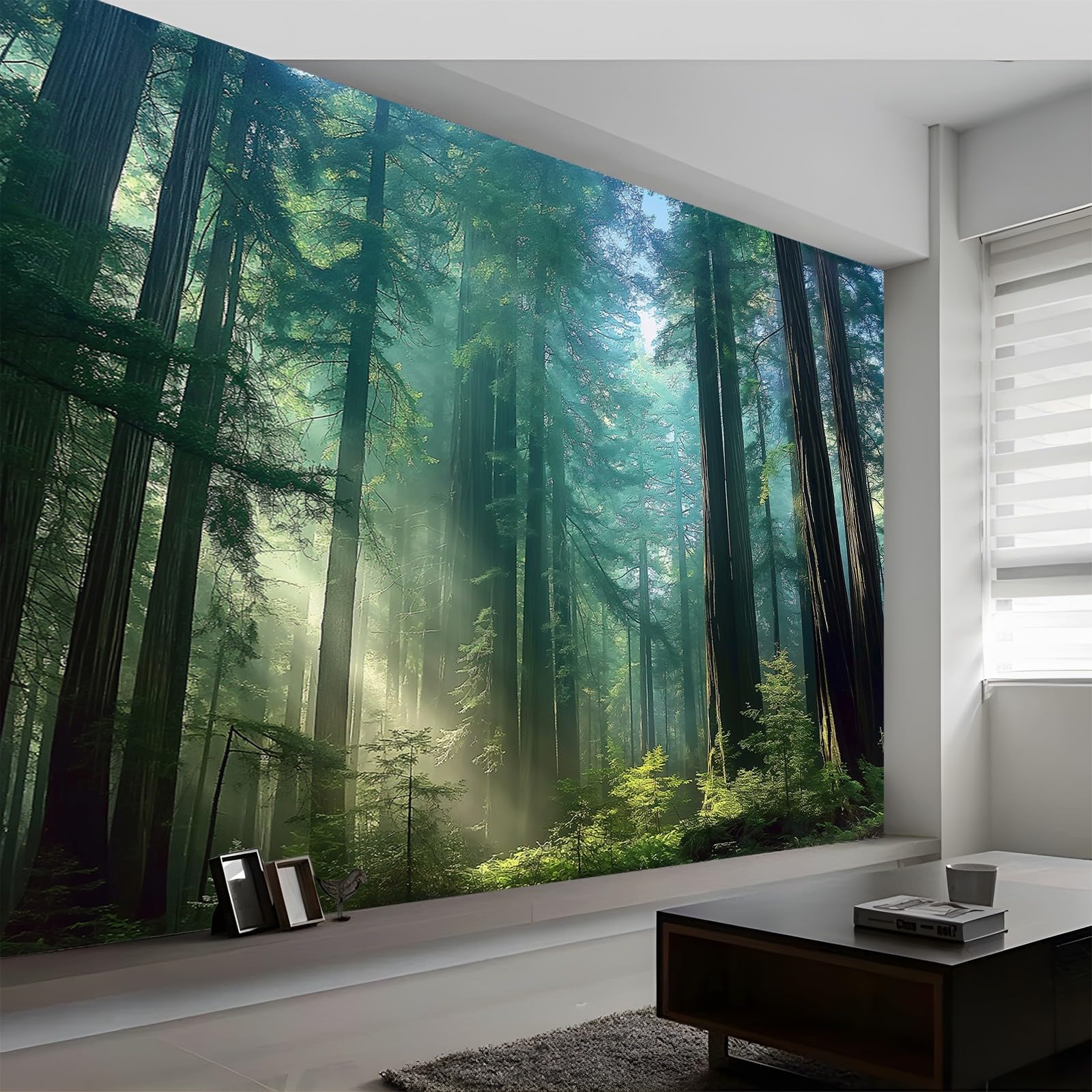 Tapeta 300 x 210 cm, tapeta z włókniny, naturalny las sekwoi, dekoracja słoneczna, wodoodporna, folia ochronna na ścianę, do sypialni, salonu, tapeta ścienna, fototapeta zielona, w zestawie poradnik