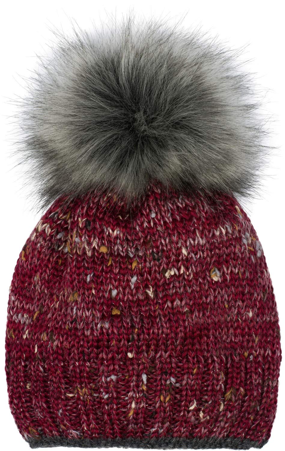 Stylebreaker Women's Wine Red Knitted Bobble Hat With Glitter Thread And Fleece Lining, Winter Bobble Hat 04024178, Colour: