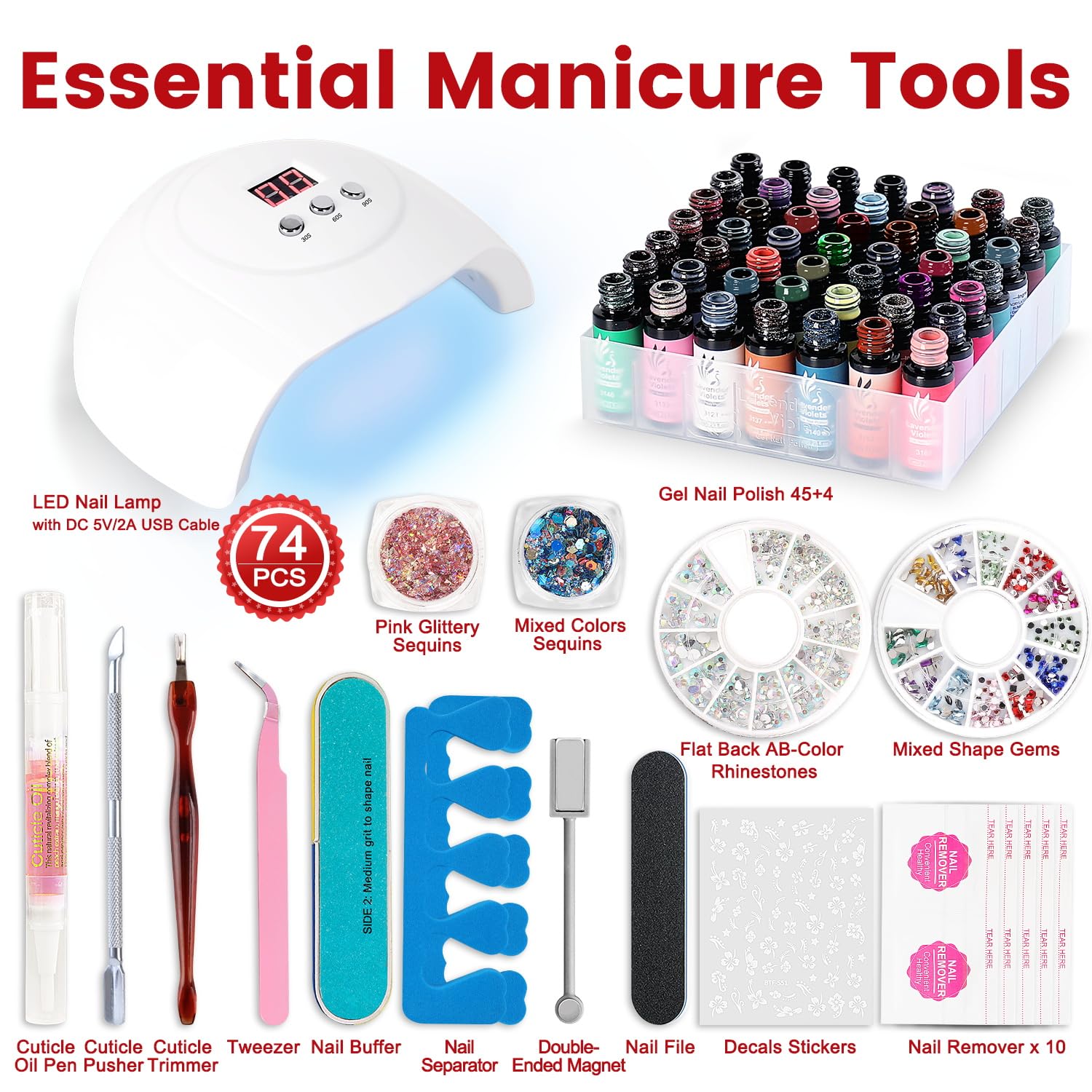 Lavender Violets 73 Pcs Gel Nail Polish Kit with U V Light, 45 Colors with Nail Primer,Builder Base,Matte & Glossy Top Coat Soak Off Manicure Tools Gifts for Women Easter LA01