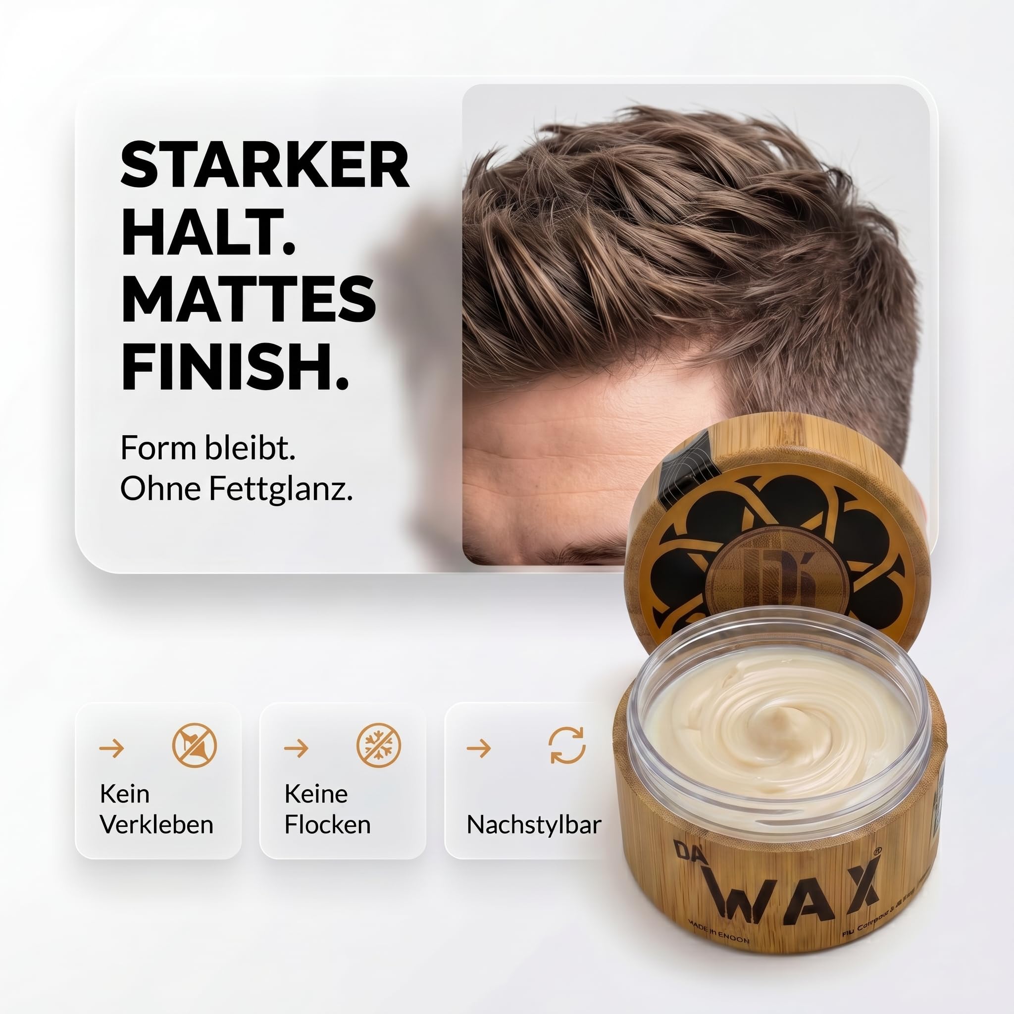 Da'Dude Da'Wax 100 ml, Haarwachs Männer matt, starker Halt, Haar Wax für Herren, Carnaubawachs, Bienenwachs, ohne Silikone & Parabene, Bambustopf
