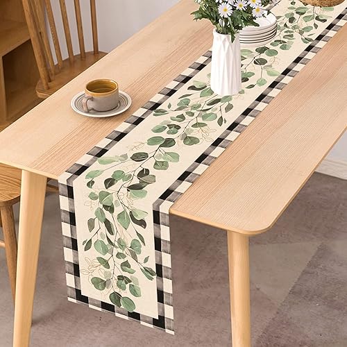 Miniatura 6 de Seliem Camino de mesa de hojas de eucalipto de primavera plantas verdes cornejo de flores de cocina decoración de mesa de comedor arpillera botánica