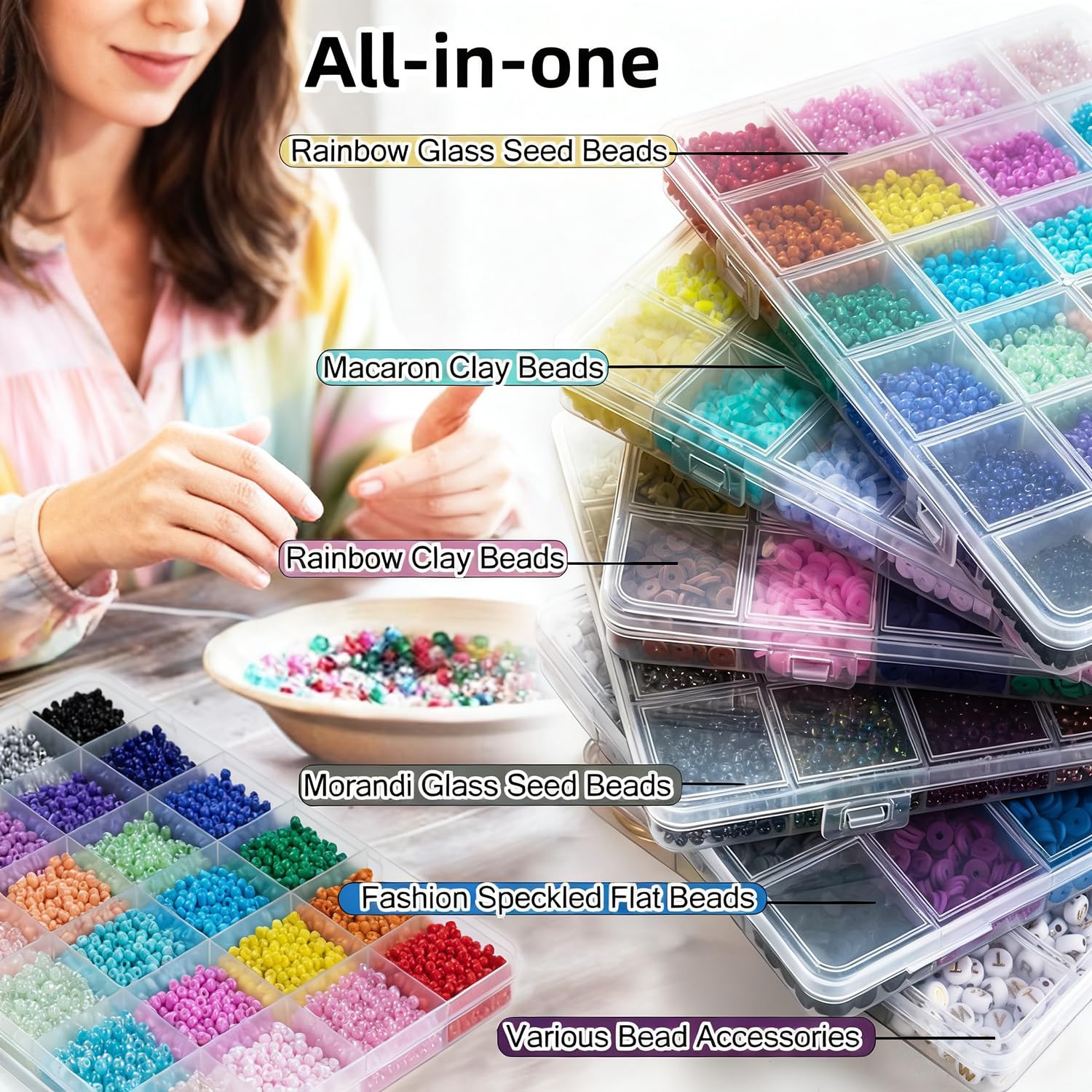 TINY FUN Kit di 6 scatole da 16800 pezzi di argilla in 72 colori e perline in vetro in 48 colori, per braccialetti dell'amicizia, Heishi e lettere